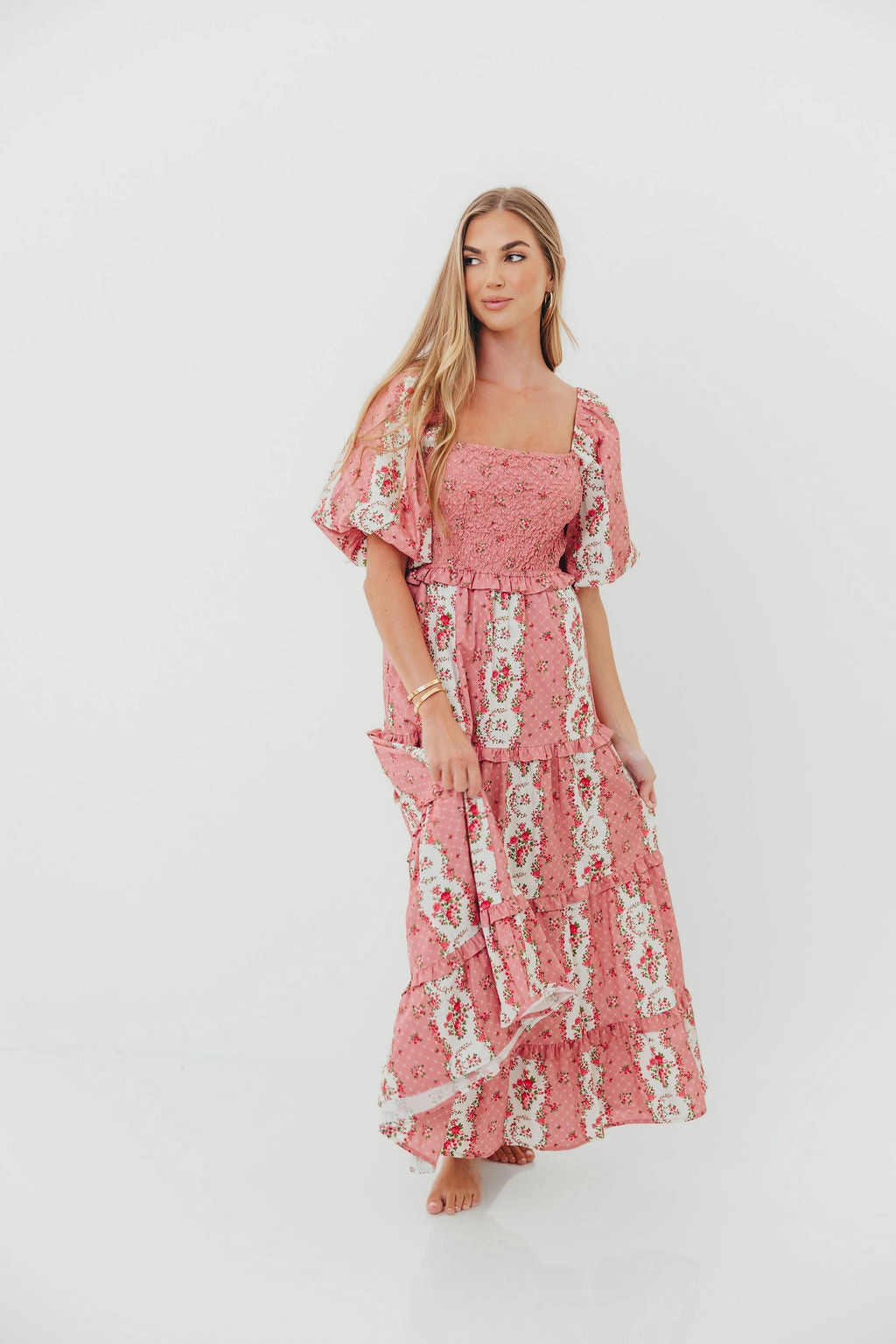 CariDee Floral Print Ruffle Detail Maxi Dress in Mauve Bow Soft Easy Pick