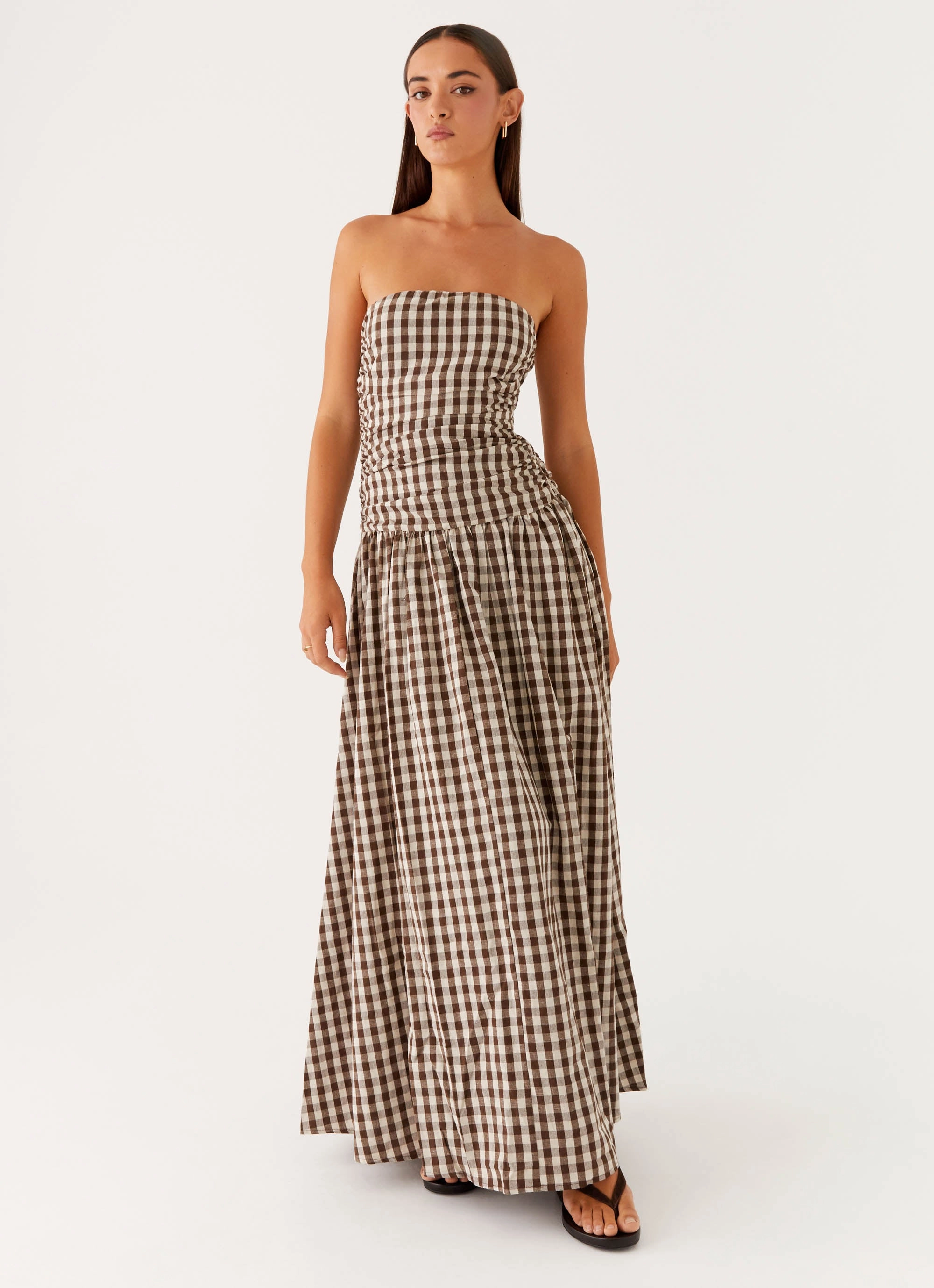 Carmel Maxi Dress - Brown Gingham Cozy Feel Pleat-Front