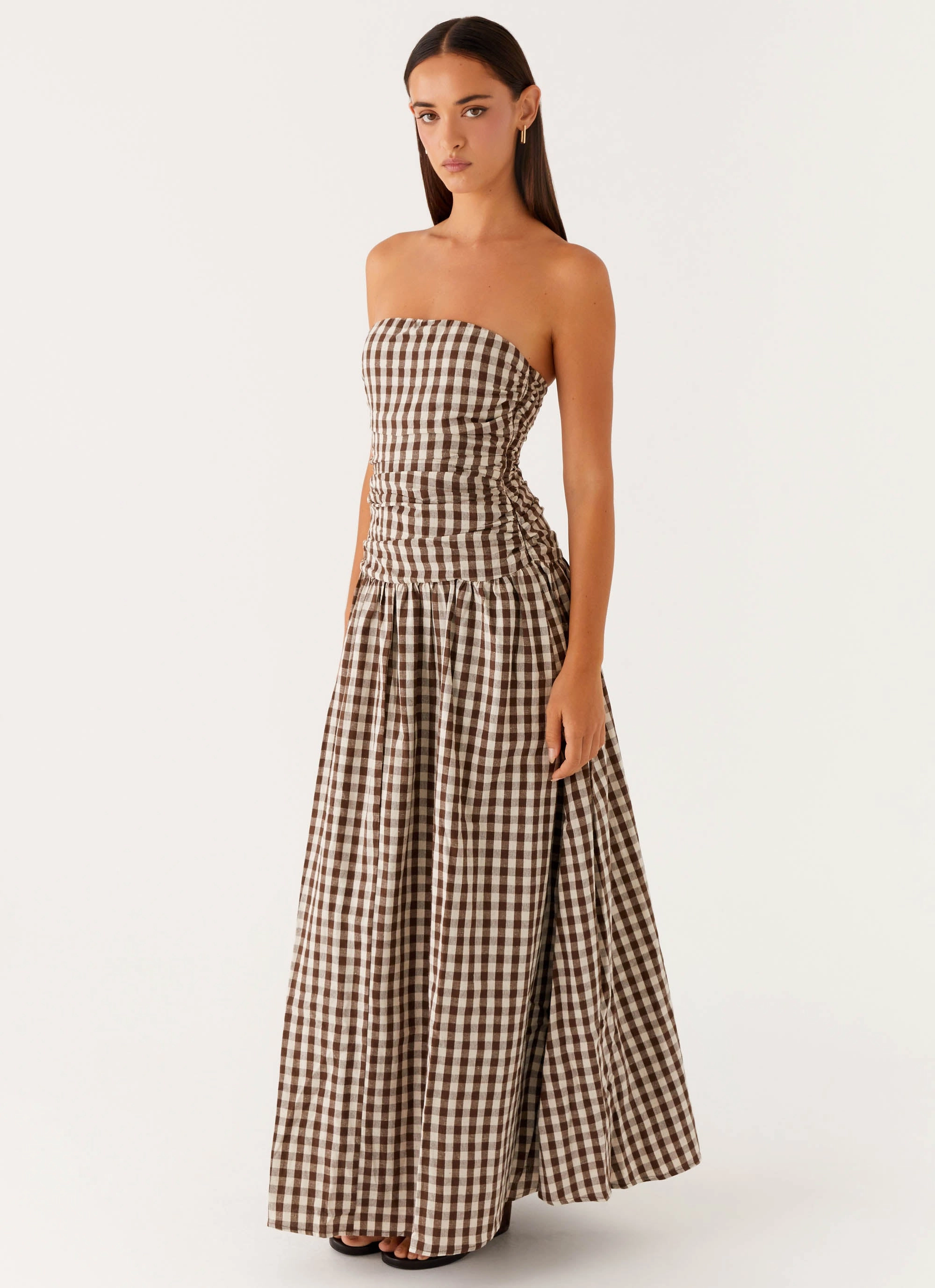 Carmel Maxi Dress - Brown Gingham Polished and Elegant foldable