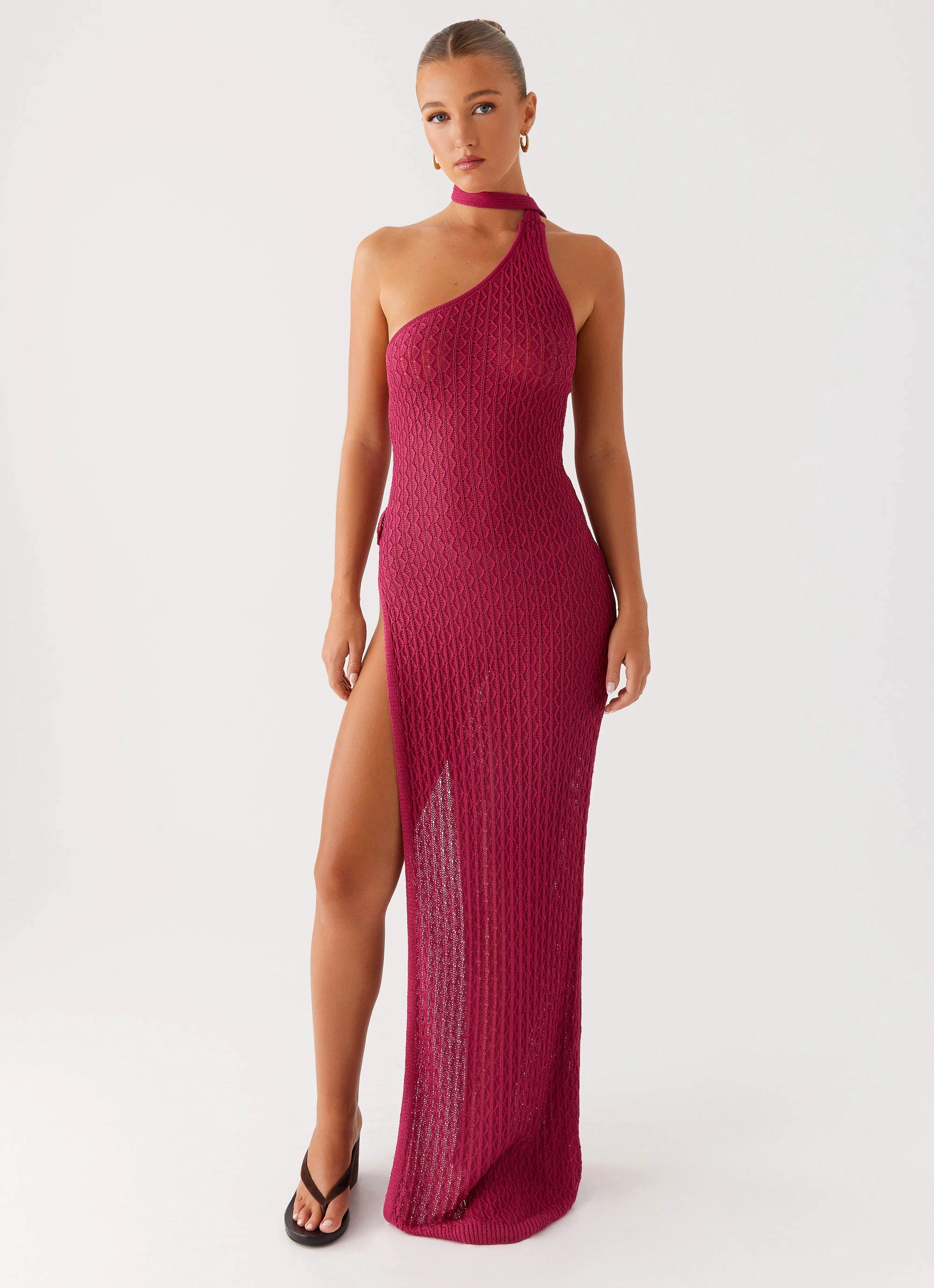 Carryn Knit Maxi Dress - Hot Pink Front Ruffle