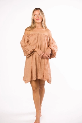 Luxe Comfort Cassidy 100% Linen On/Off Shoulder Mini Dress in Mocha *Final-Sale*