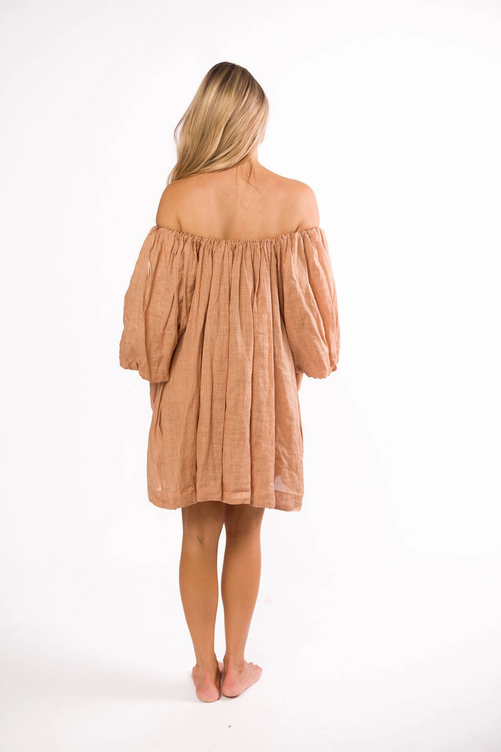 Cassidy 100% Linen On/Off Shoulder Mini Dress in Mocha *Final-Sale* Japan Line Romantic Hour