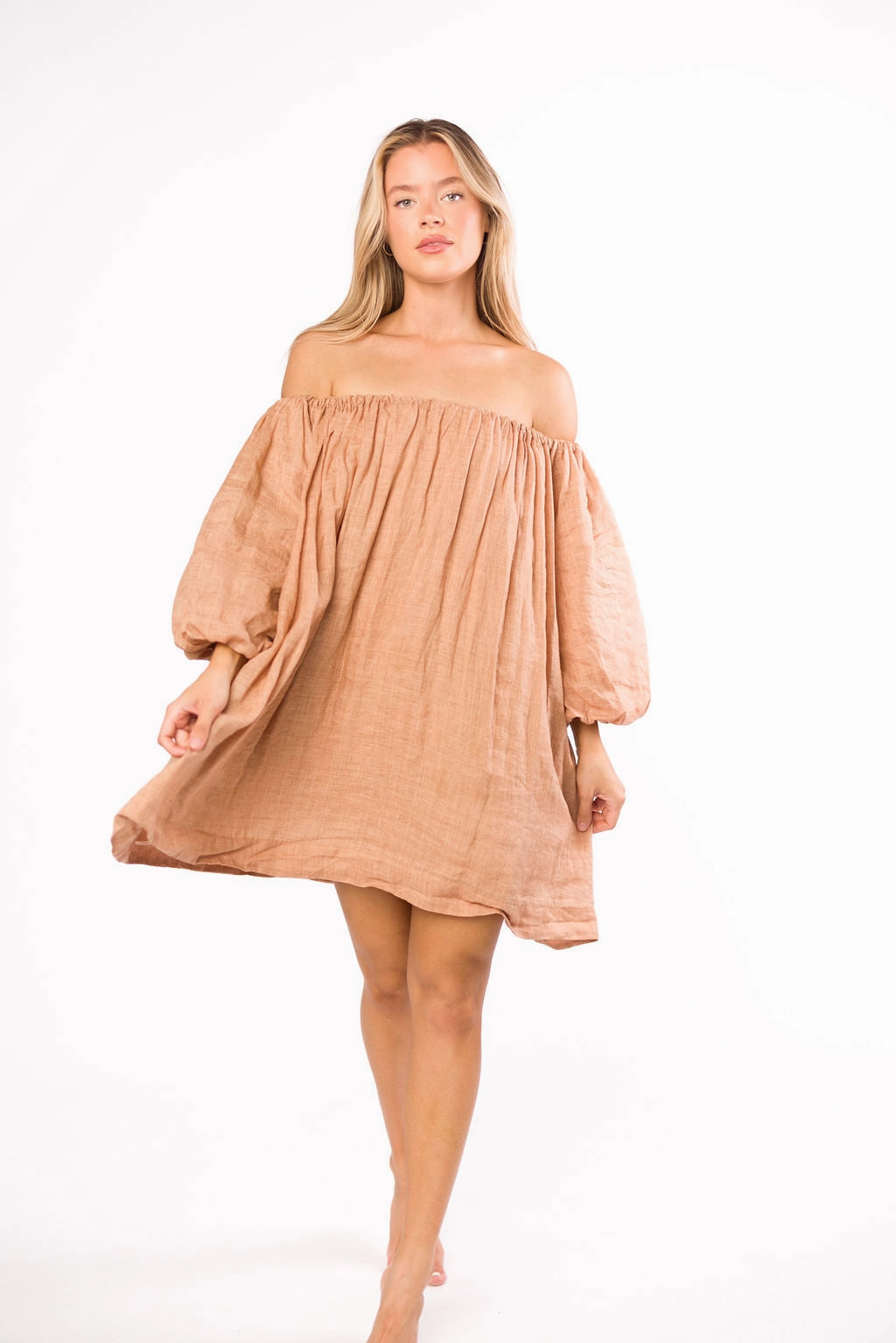 Perfect for Travel Blush Glow Cassidy 100% Linen On/Off Shoulder Mini Dress in Mocha *Final-Sale*
