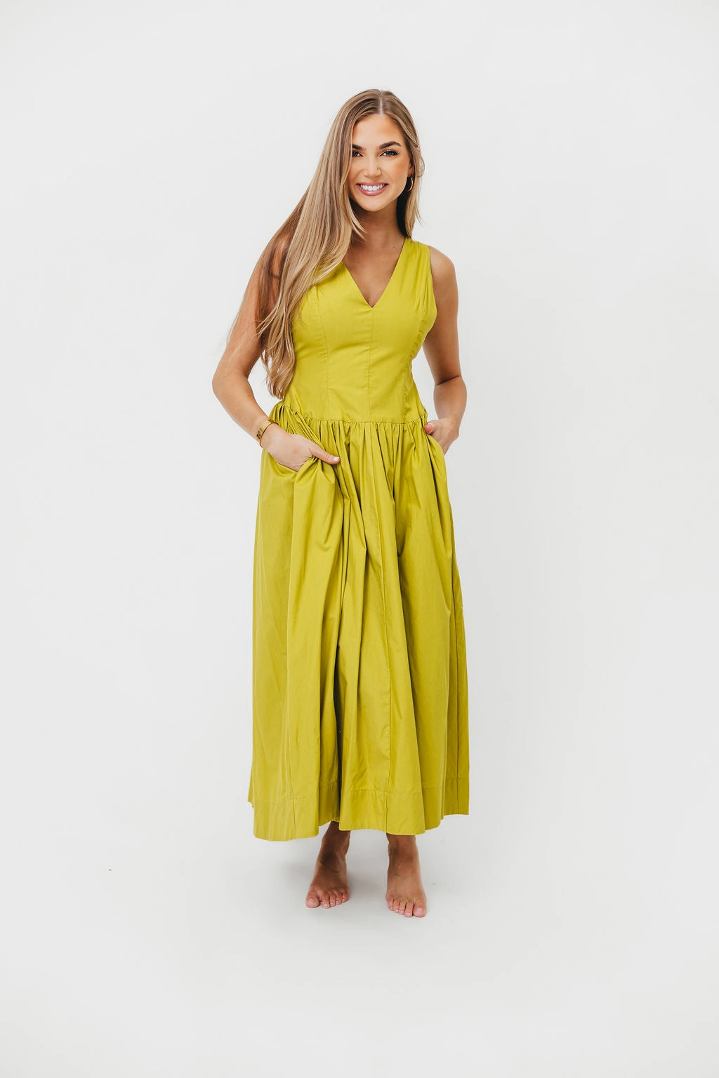 A-Line Breathable wear Cece 100% Cotton Bow Detail Woven Maxi Dress in Lemon Grass *Final-Sale*