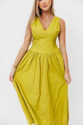 Cece 100% Cotton Bow Detail Woven Maxi Dress in Lemon Grass *Final-Sale* Fall Go Vintage Vibe