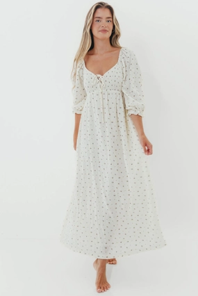 Cecilia 100% Cotton Smocked Maxi Dress in Ivory - Bump Friendly Stylish Fit