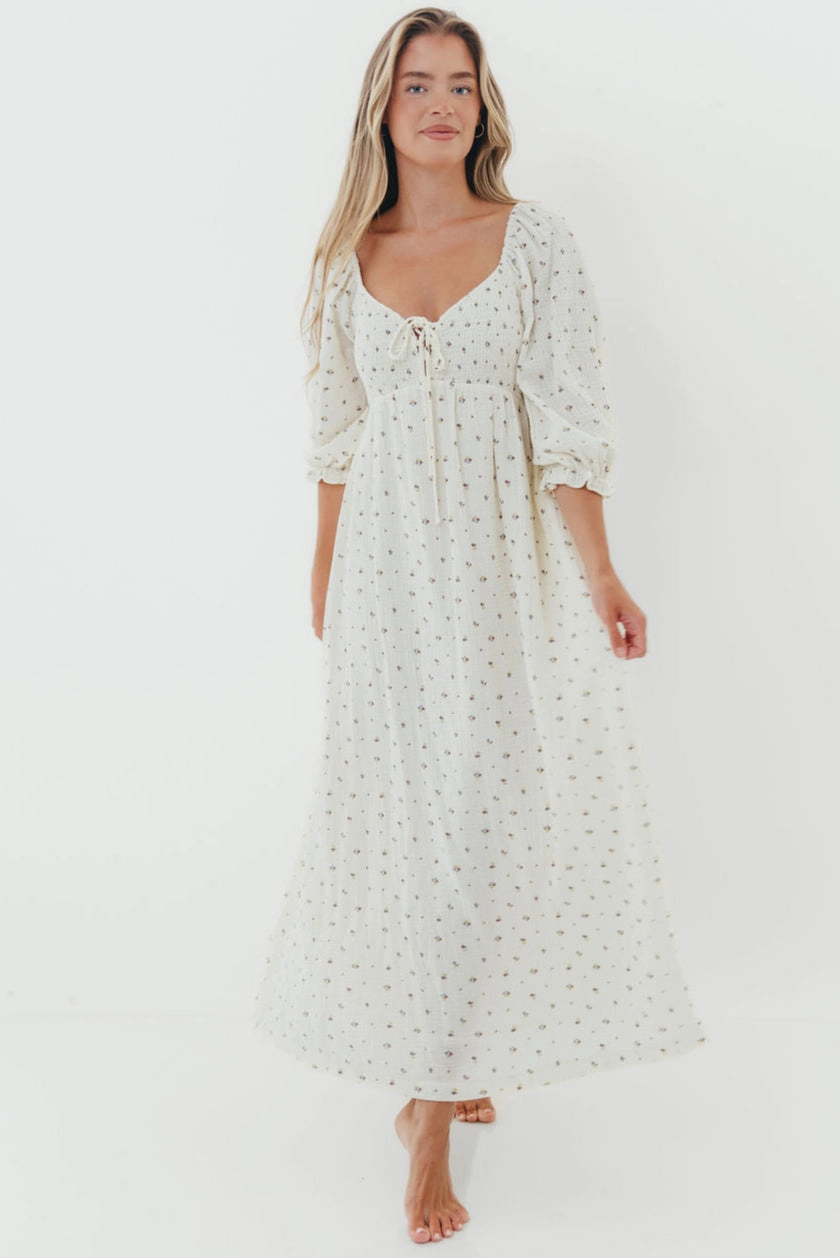 Cecilia 100% Cotton Smocked Maxi Dress in Ivory - Bump Friendly Stylish Fit