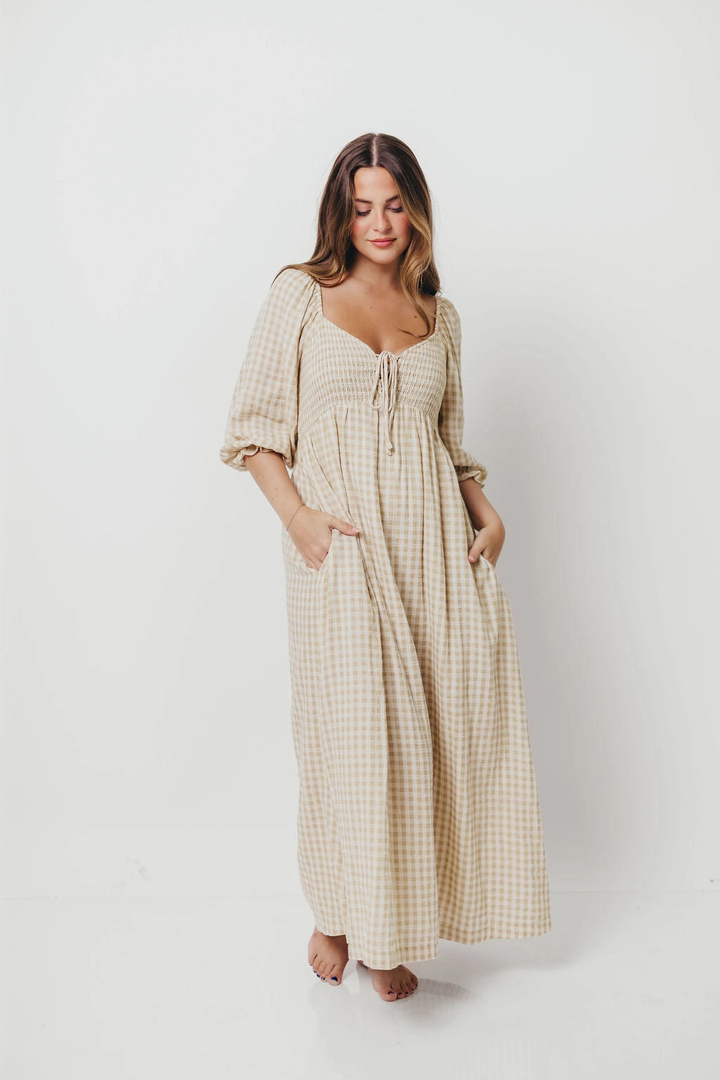 Cecilia 100% Cotton Smocked Maxi Dress in Natural Plaid - Bump Friendly *9/26 PRE-ORDER* Timeless fitted silhouette
