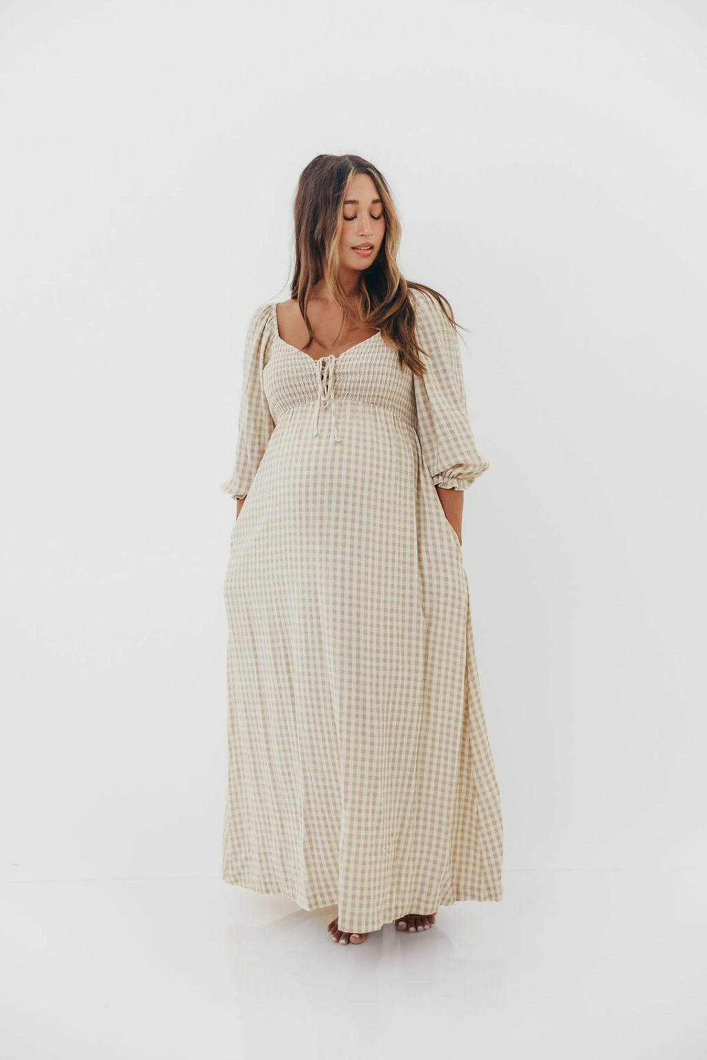 Smart Layering Cecilia 100% Cotton Smocked Maxi Dress in Natural Plaid - Bump Friendly *9/26 PRE-ORDER*
