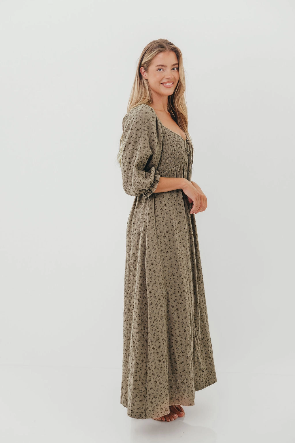 Relaxed Line Day Chic Cecilia 100% Cotton Smocked Maxi Dress in Olive Foliage - Bump Friendly *9/26 PRE-ORDER*