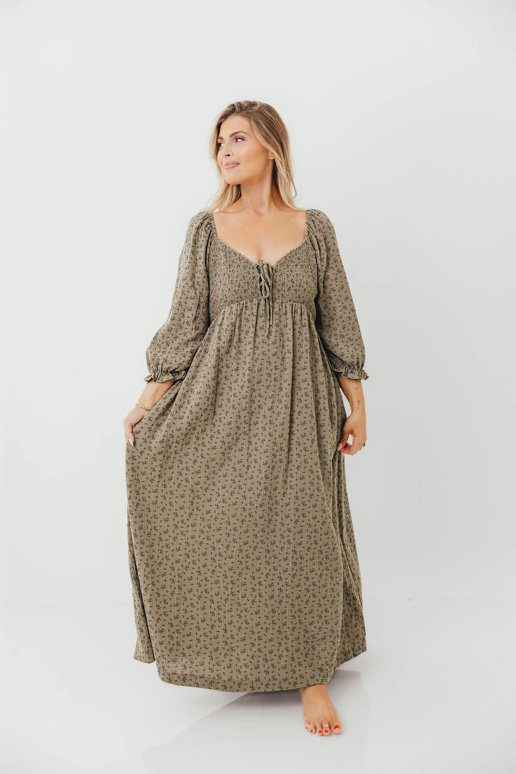 Bold Pattern Cecilia 100% Cotton Smocked Maxi Dress in Olive Foliage - Bump Friendly *9/26 PRE-ORDER*