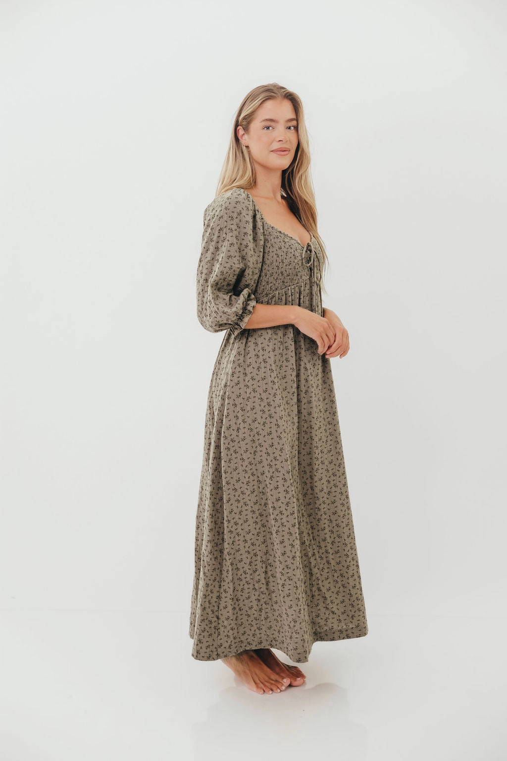 Stylish Layer Cecilia 100% Cotton Smocked Maxi Dress in Olive Foliage - Bump Friendly *9/26 PRE-ORDER*