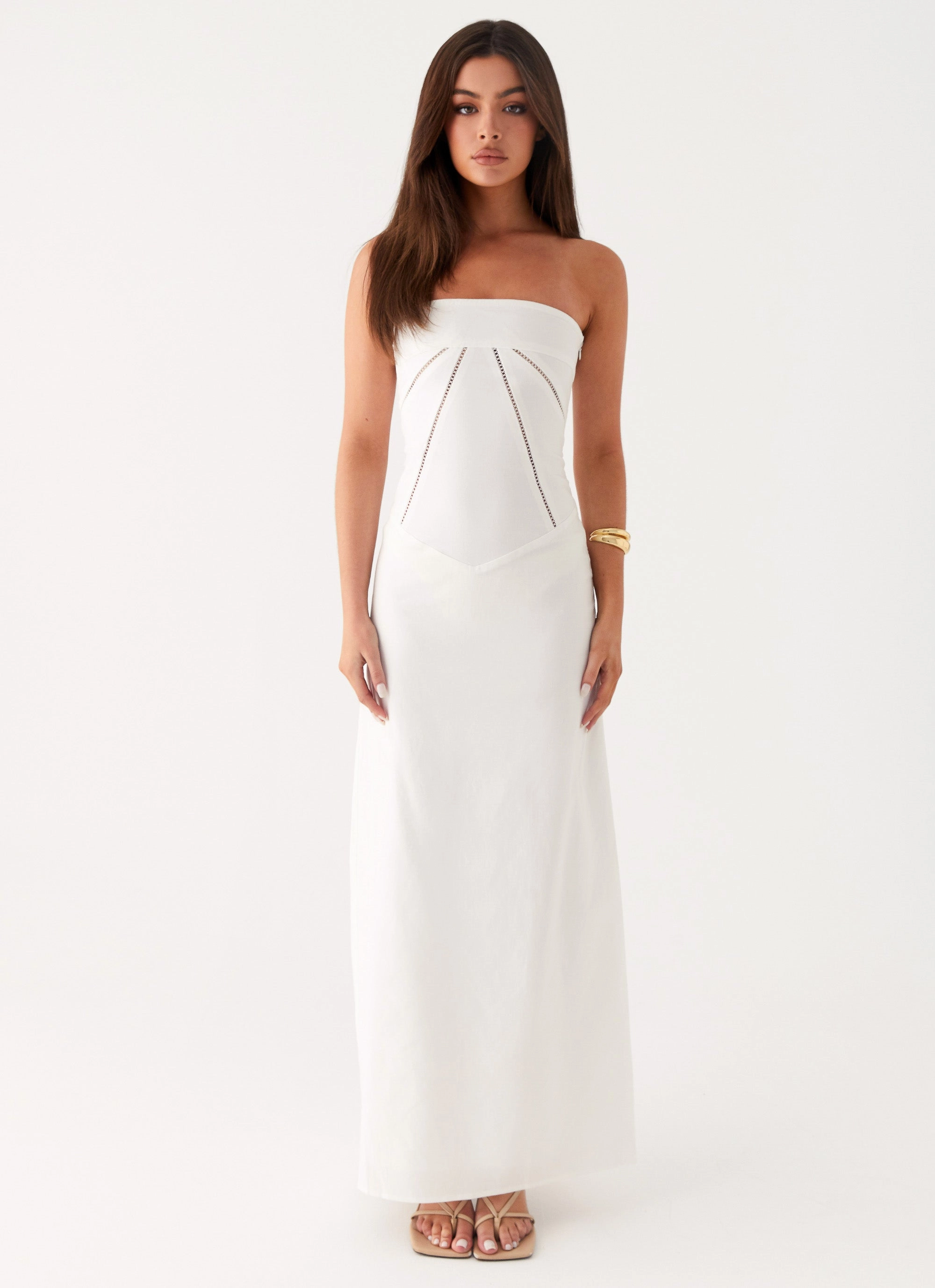 Blush Glow Cocktail-Party Cerisa Linen Maxi Dress - White