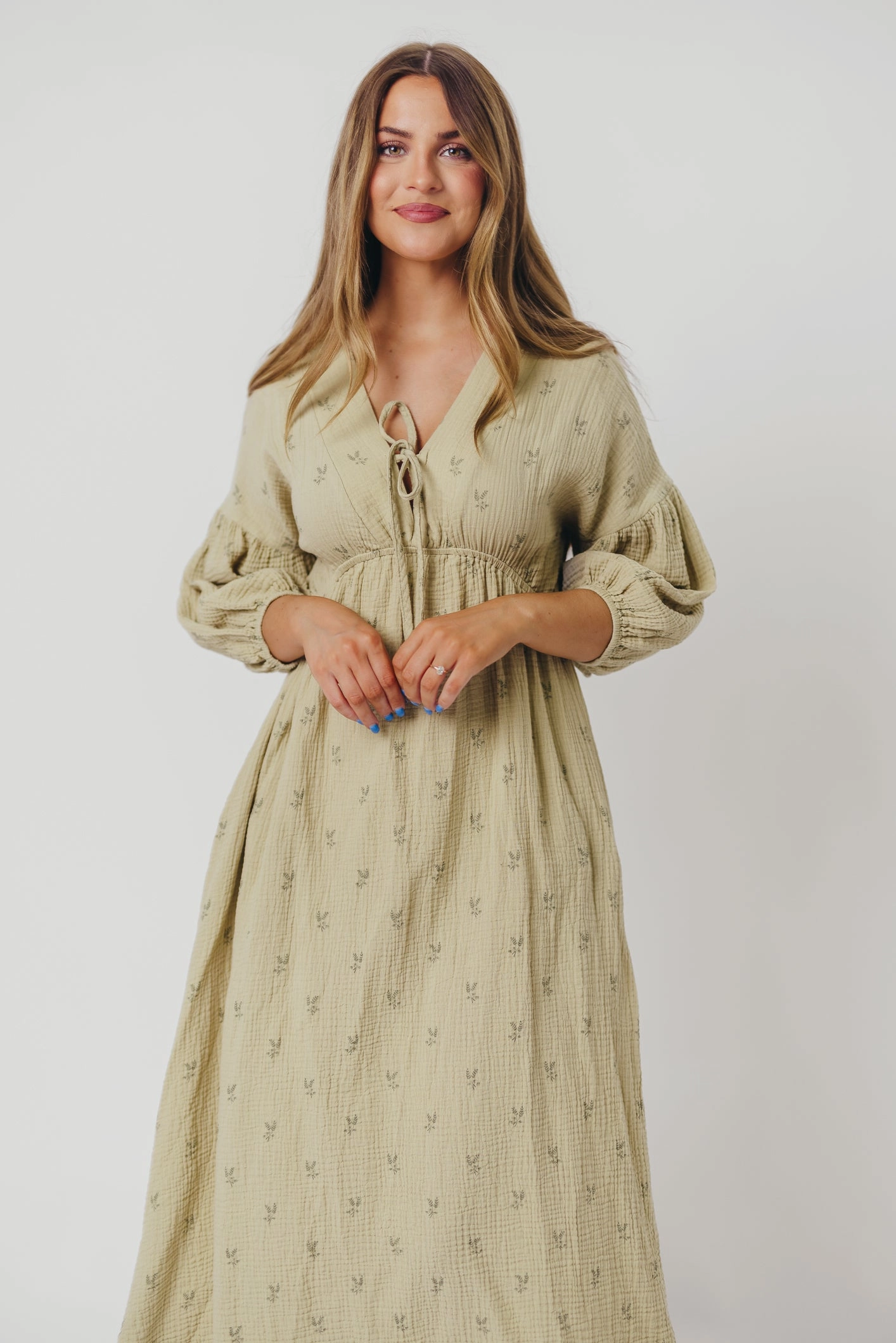 Smart Wear Perfectly Fitted Hunter 100% Cotton Gauze Midi Dress in Thyme/Sage Foliage - Bump Friendly & Inclusive Sizing (XS-3XL)