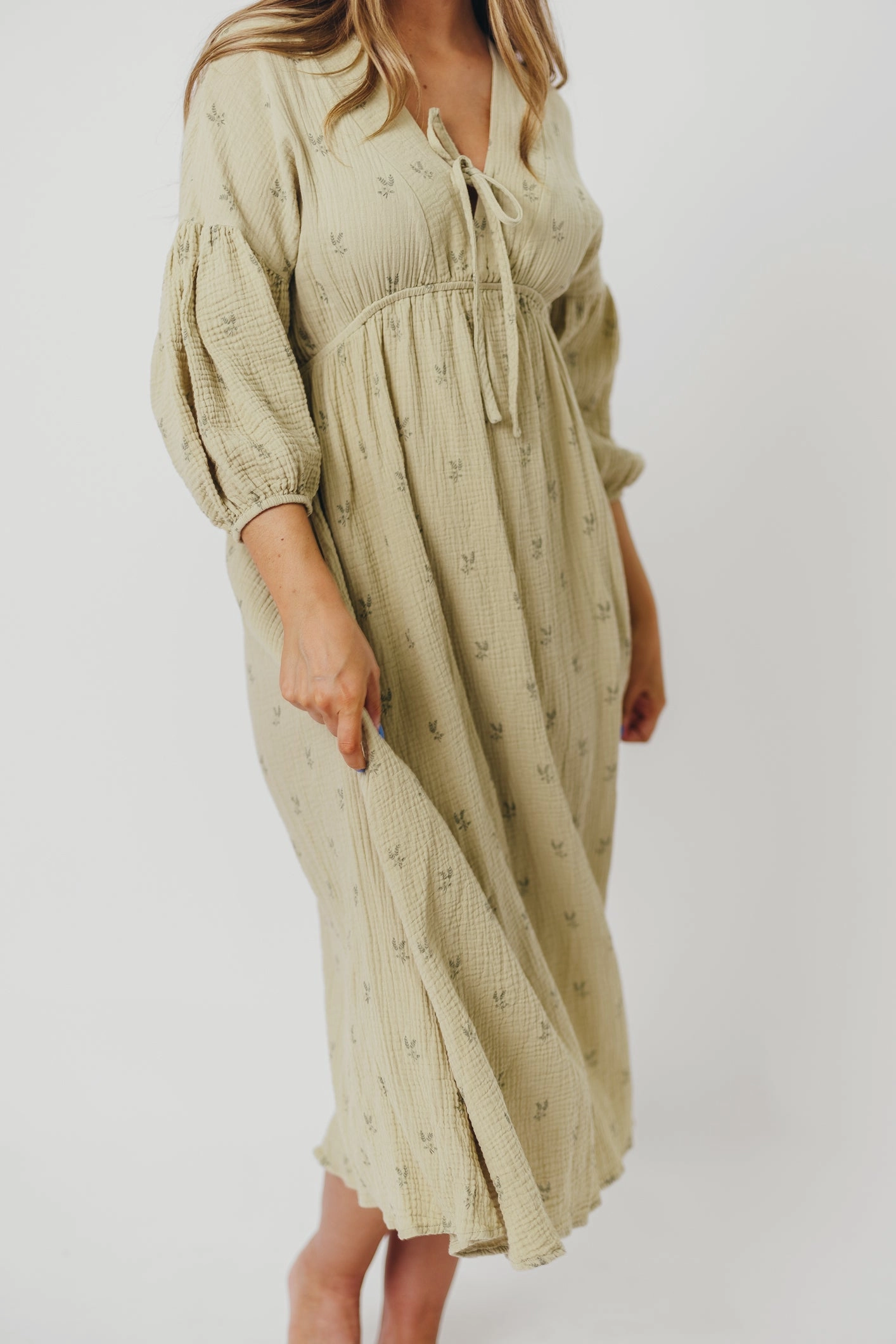 Hunter 100% Cotton Gauze Midi Dress in Thyme/Sage Foliage - Bump Friendly & Inclusive Sizing (XS-3XL) Office Wear