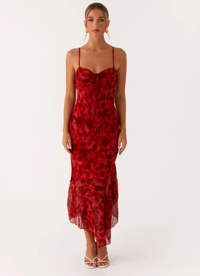 Fashionable Layer Sally Midi Dress - Deep Red Floral