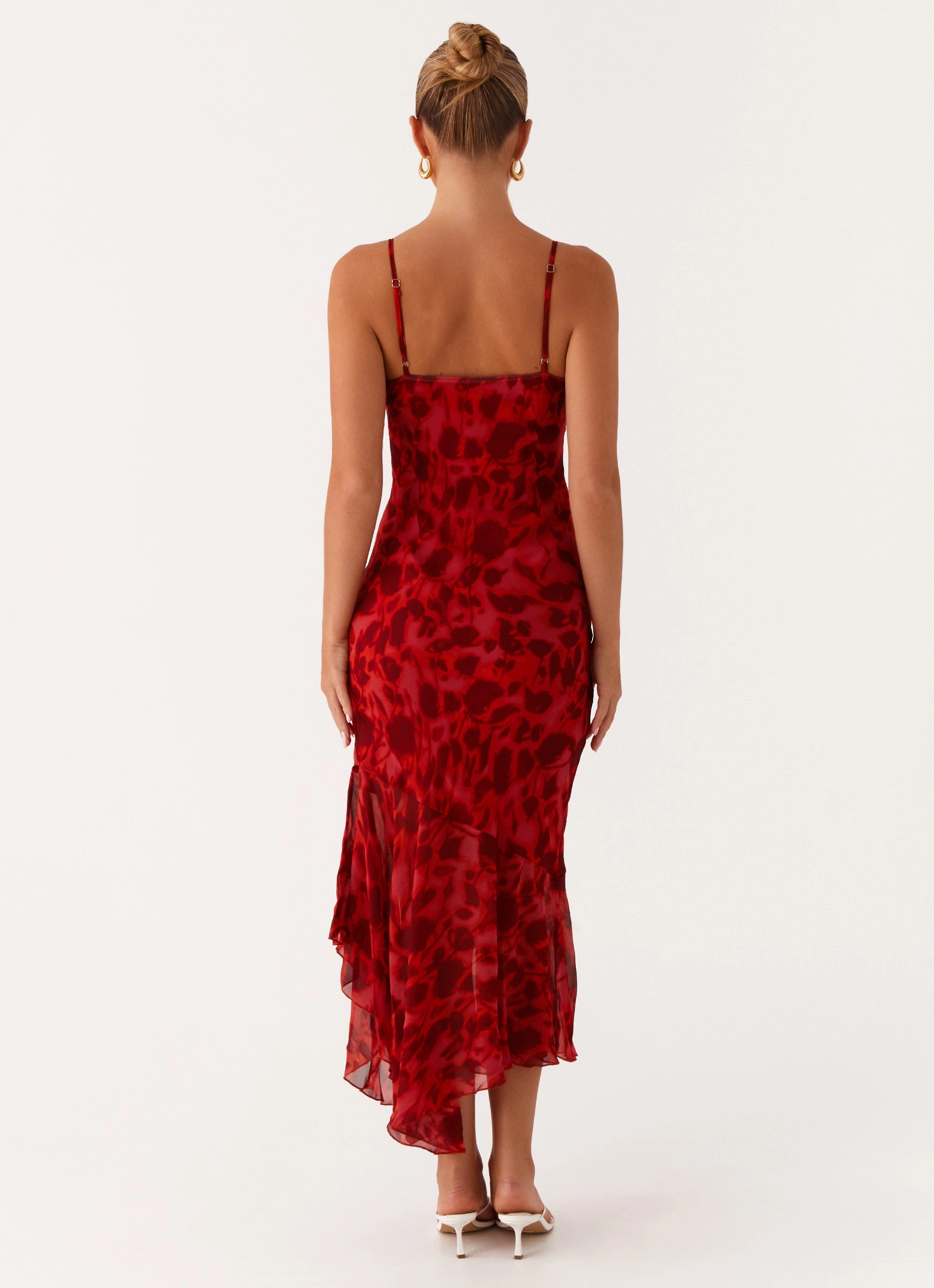 Sally Midi Dress - Deep Red Floral Glossy Detail
