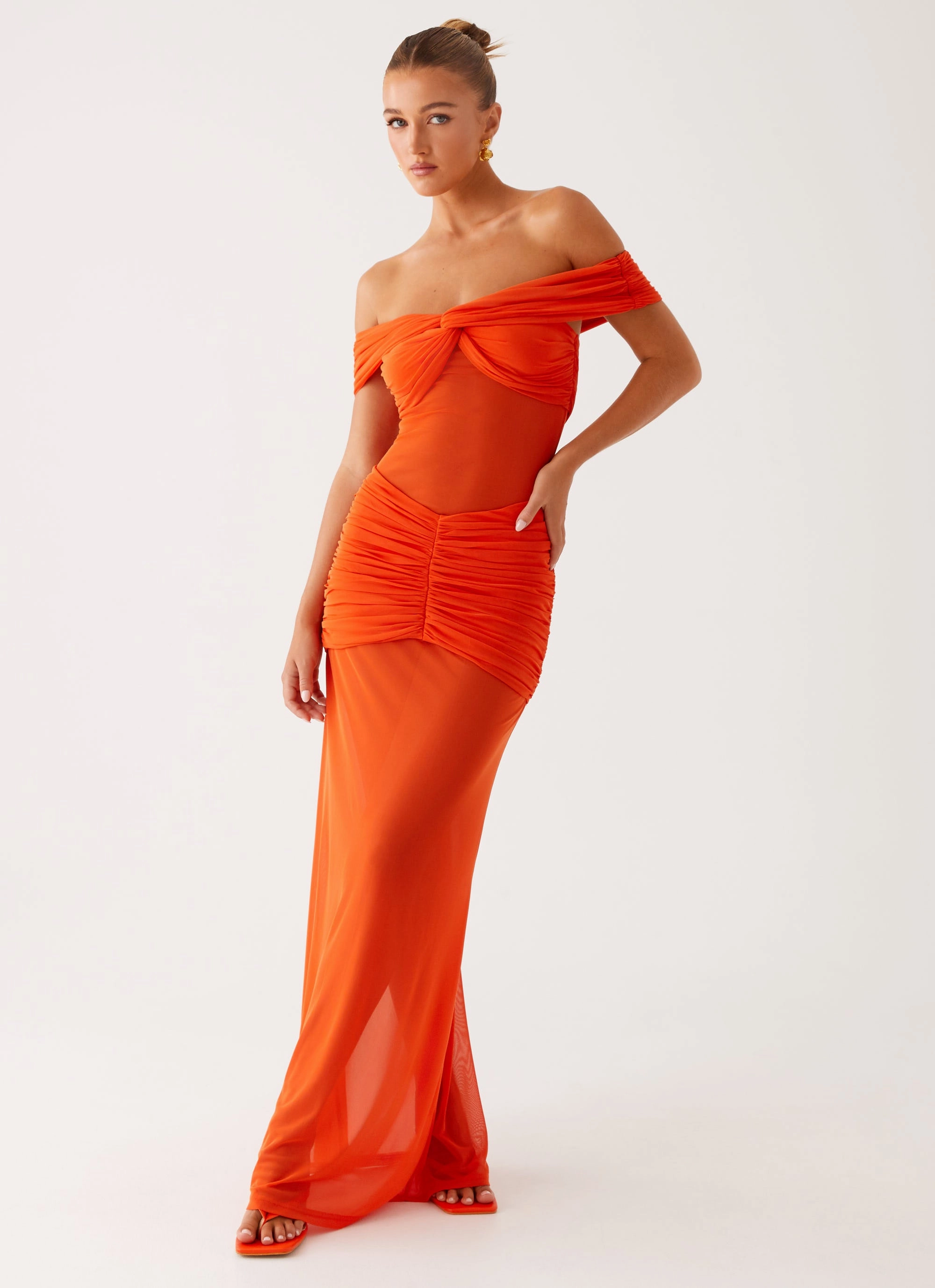 Wide Hemline Charming Off Shoulder Maxi Dress - Orange
