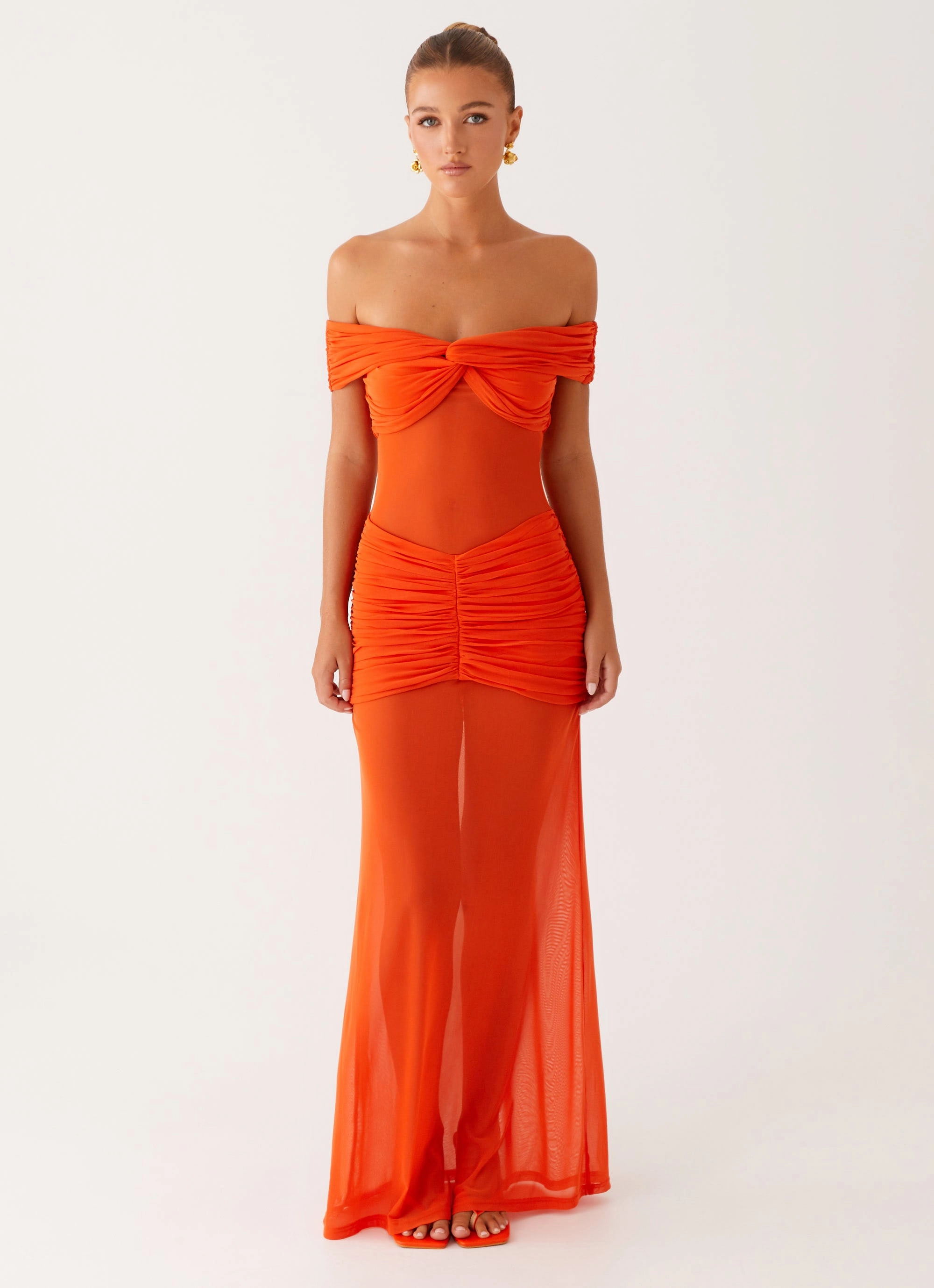 Charming Off Shoulder Maxi Dress - Orange Flattering Layer