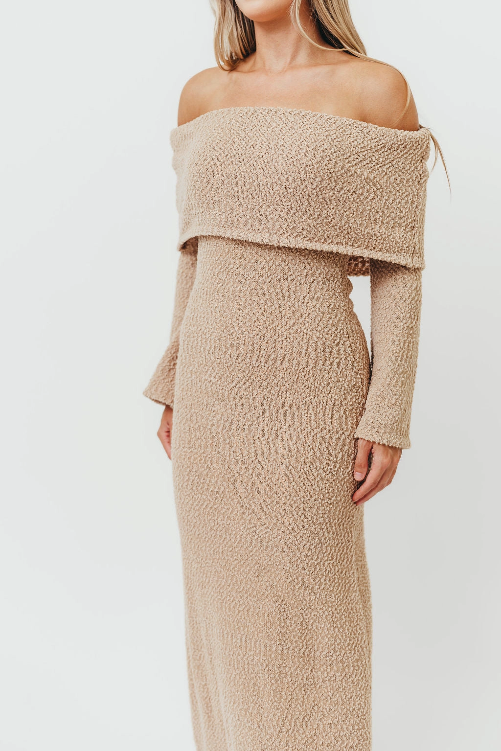 Nora Knit Maxi Dress in Tan - Bump Friendly Celebration Wear
