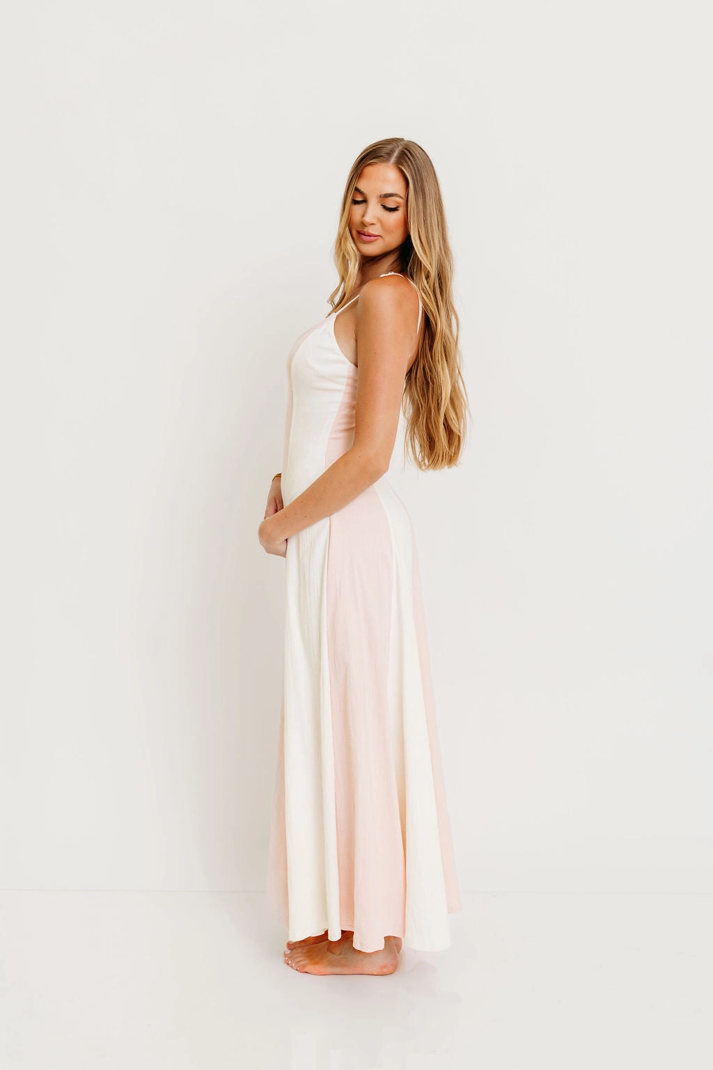 Smart Layers Casual maxi dress Cher Vertical Striped V-Neck Flare Maxi Dress in White/Milky Pink