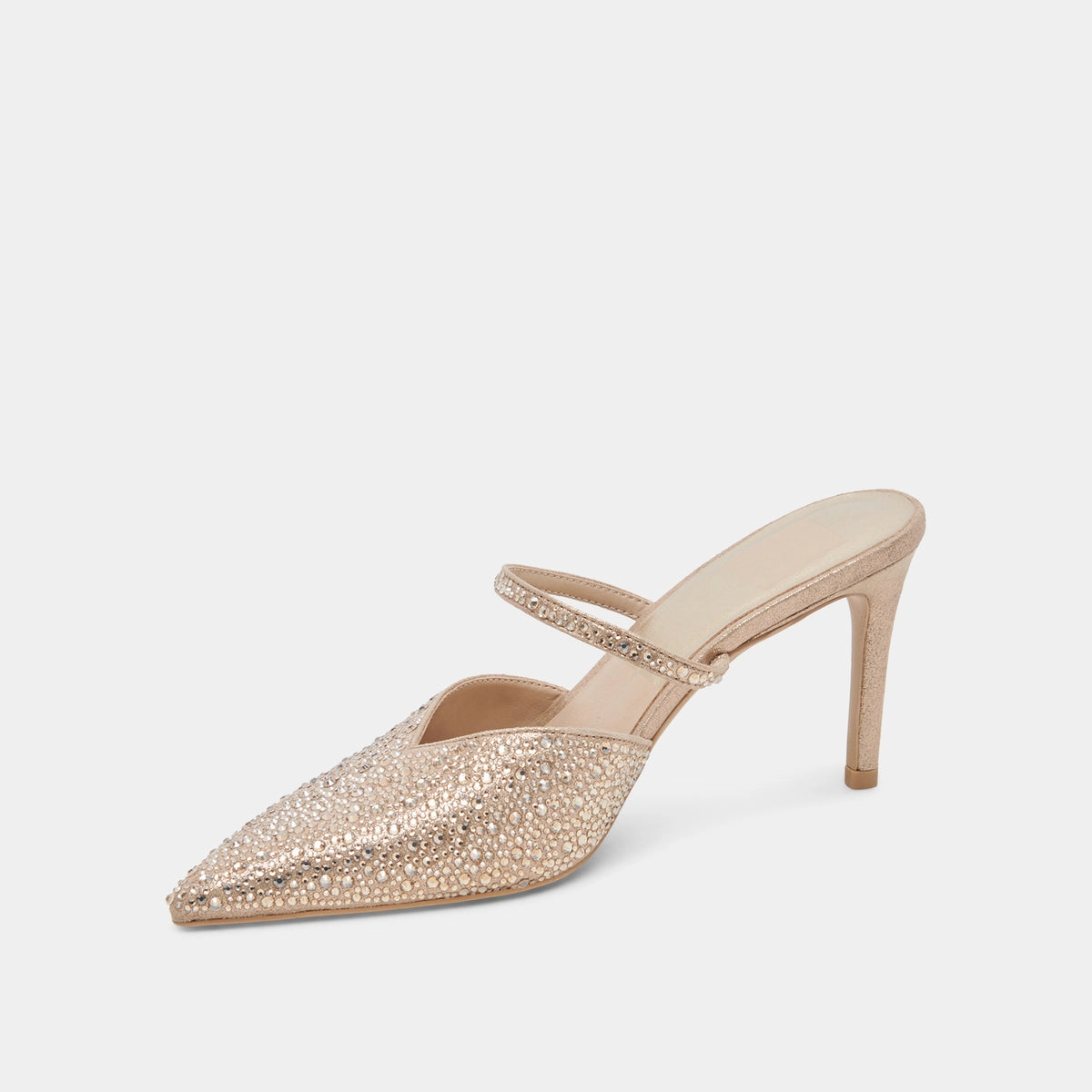 Dolce Vita Kanika Crystal Heels in Light Gold Fabric Statement Heels