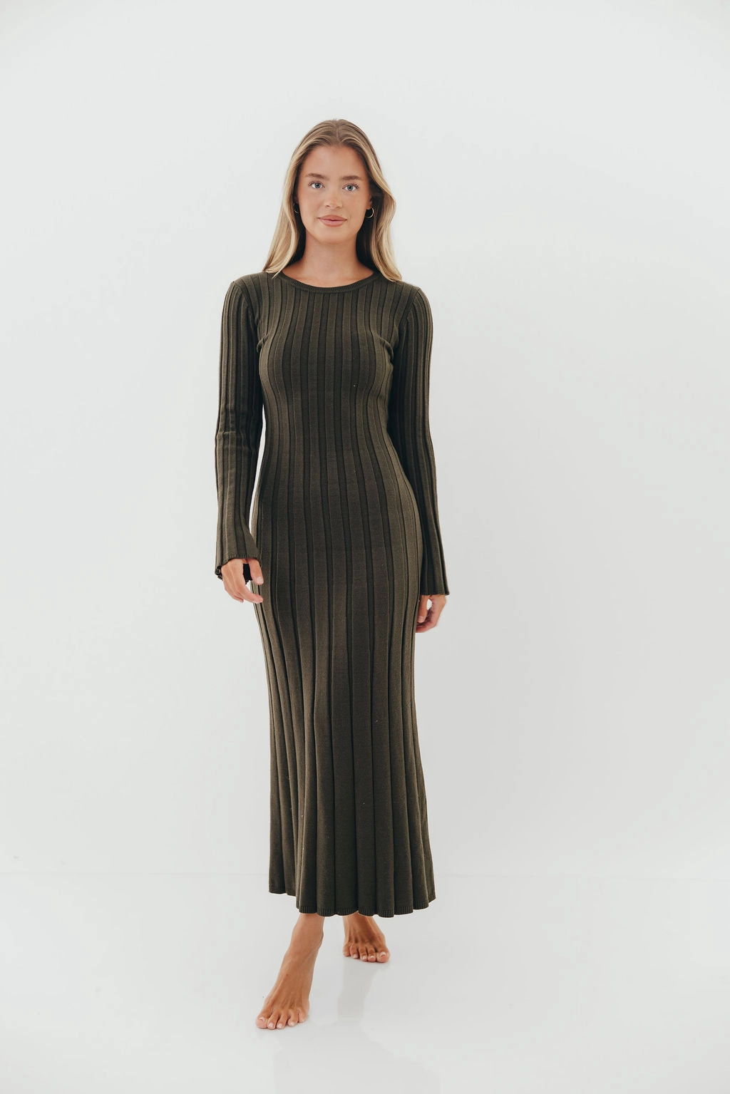 Minimalist Design Striped-Pattern Colette Luxe Maxi Dress in Dark Evergreen