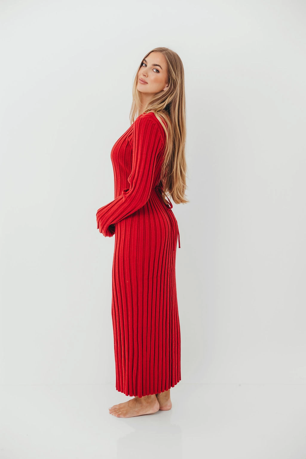 Colette Luxe Premium Long Sleeved Ribbed Knit Maxi Dress in Muted Red - Bump Friendly Editor??s-Pick Subtle tone