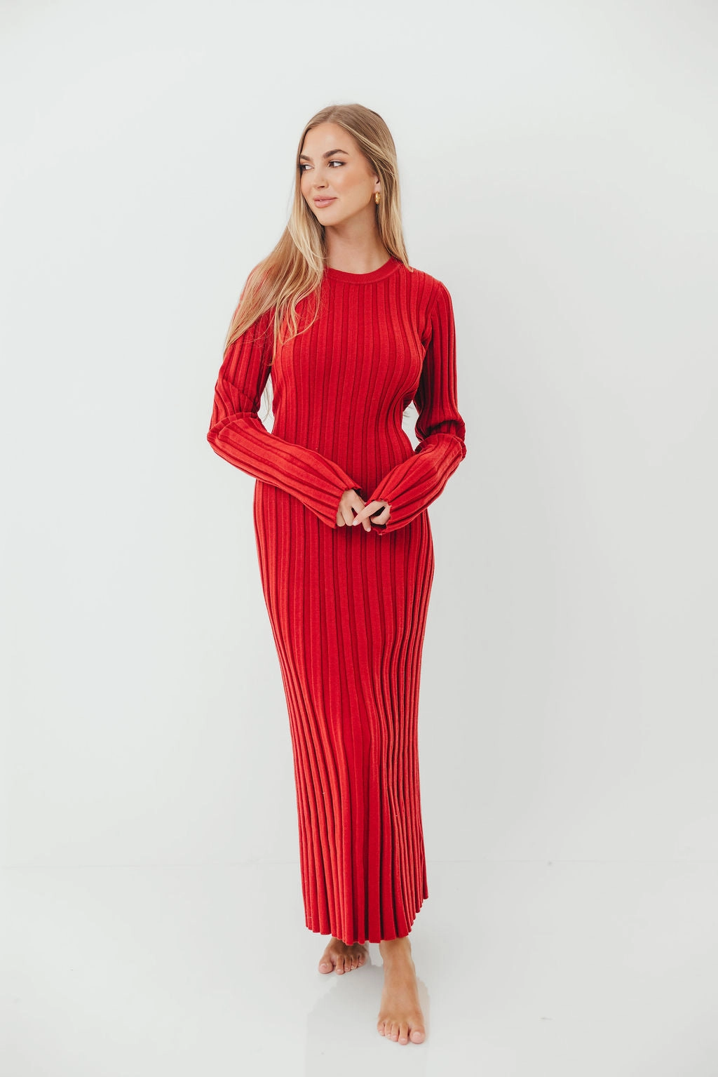 Colette Luxe Premium Long Sleeved Ribbed Knit Maxi Dress in Muted Red - Bump Friendly Deep Hue Peace Glow