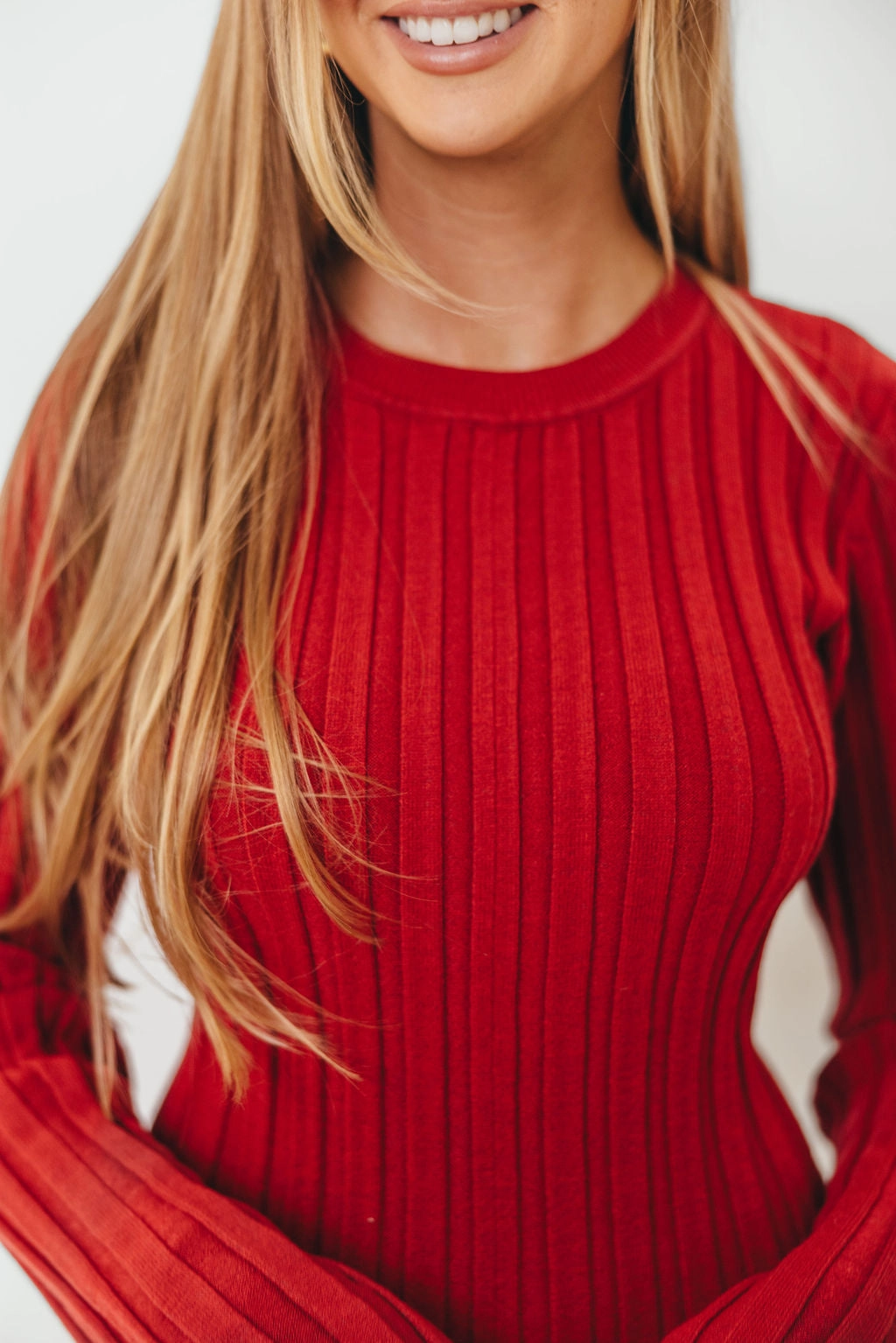 Colette Luxe Premium Long Sleeved Ribbed Knit Maxi Dress in Muted Red - Bump Friendly Basic Cool