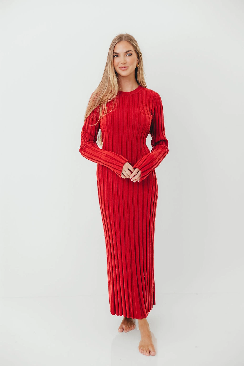Best-Seller Luxe Touch Colette Luxe Premium Long Sleeved Ribbed Knit Maxi Dress in Muted Red - Bump Friendly