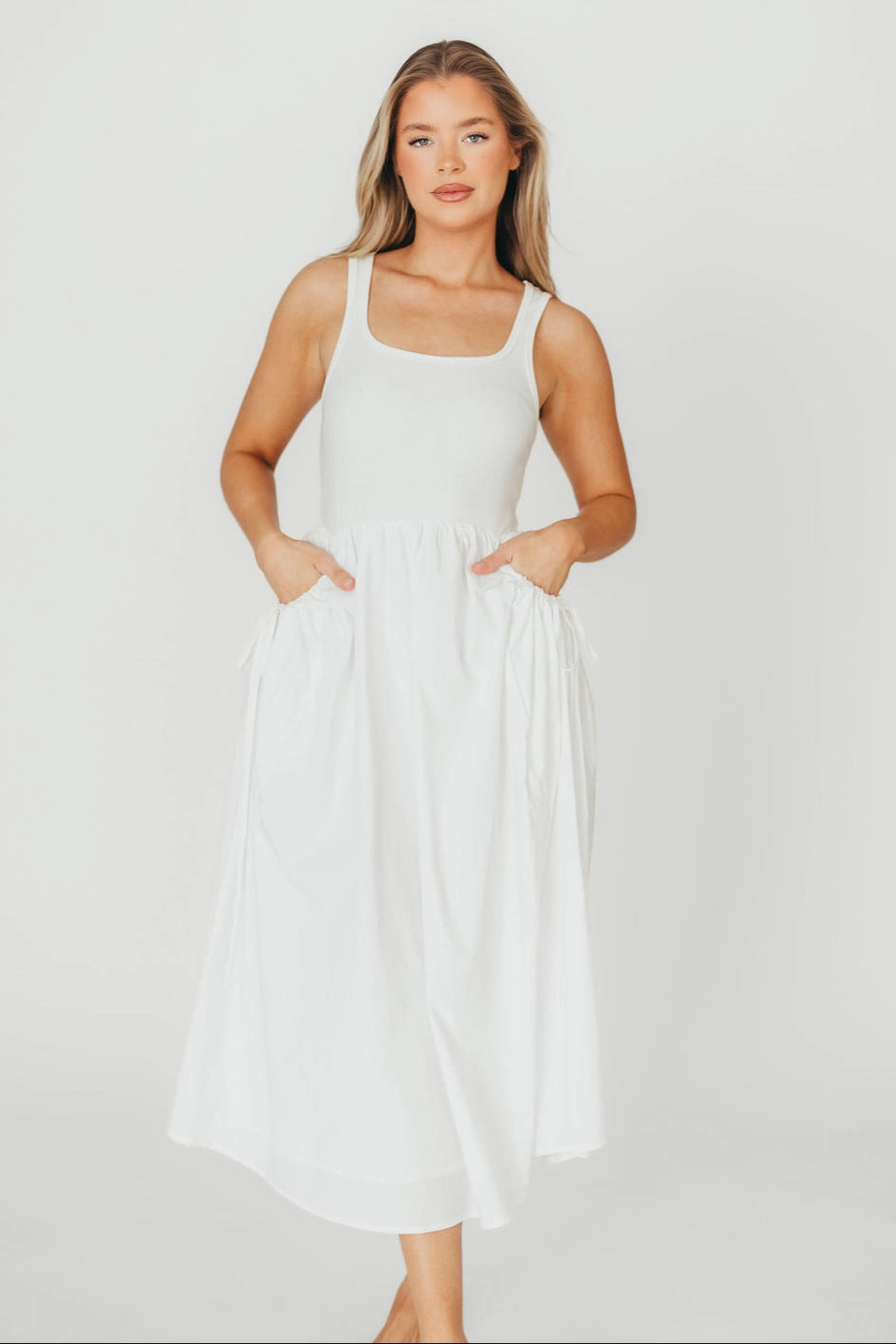 ContrastStitching All-Occasion Look Lucca Midi Dress in Off-White *Final-Sale*