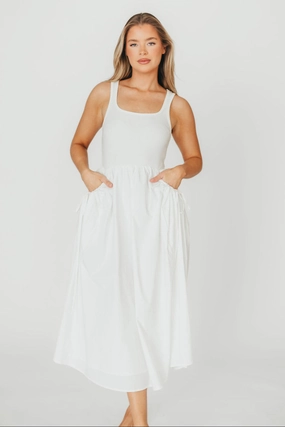 ContrastStitching All-Occasion Look Lucca Midi Dress in Off-White *Final-Sale*