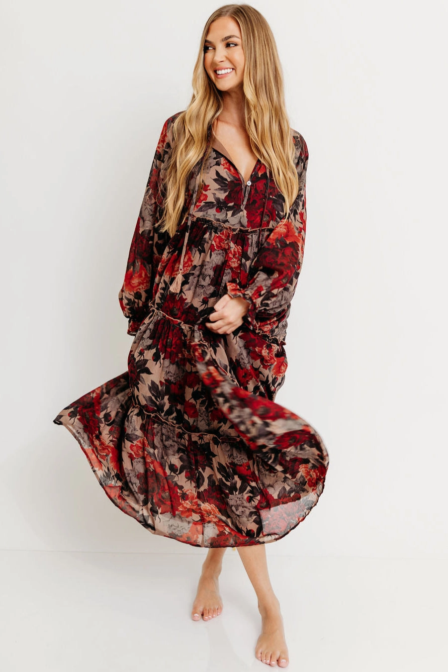 Tabitha Midi Dress in Sand - Bump Friendly Gloss Finish