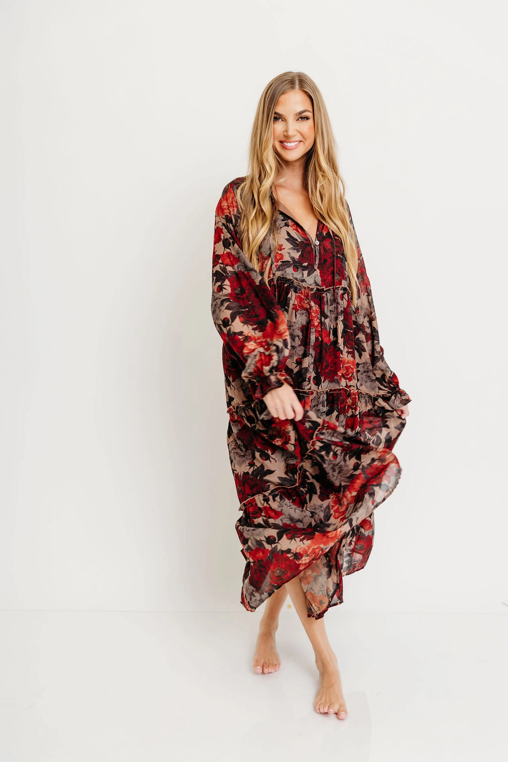 Tabitha Midi Dress in Sand - Bump Friendly Comfortable and Soft Cute Glow