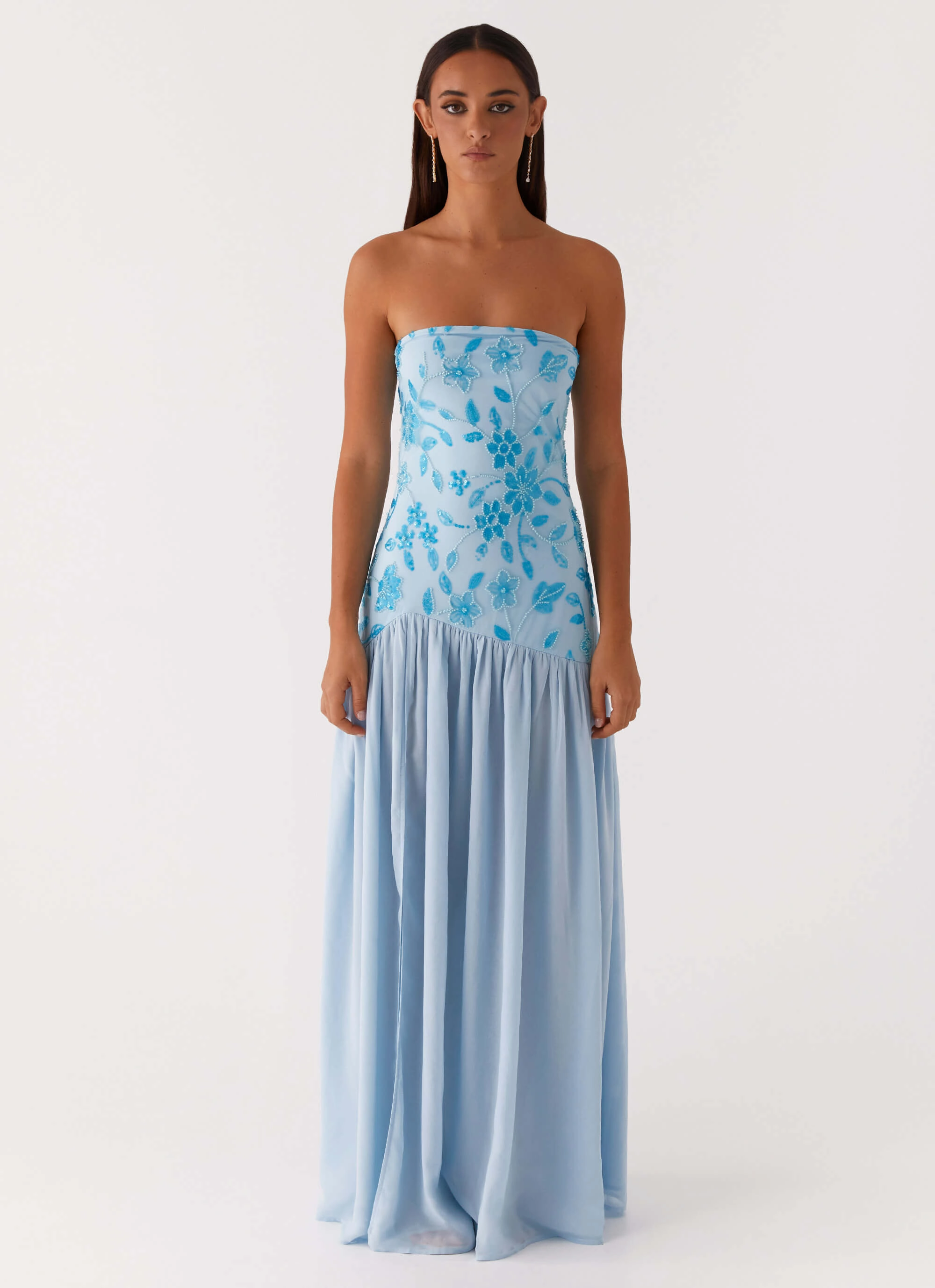 Eden Strapless Beaded Maxi Dress - Blue Minimal Aesthetic Side Pleats