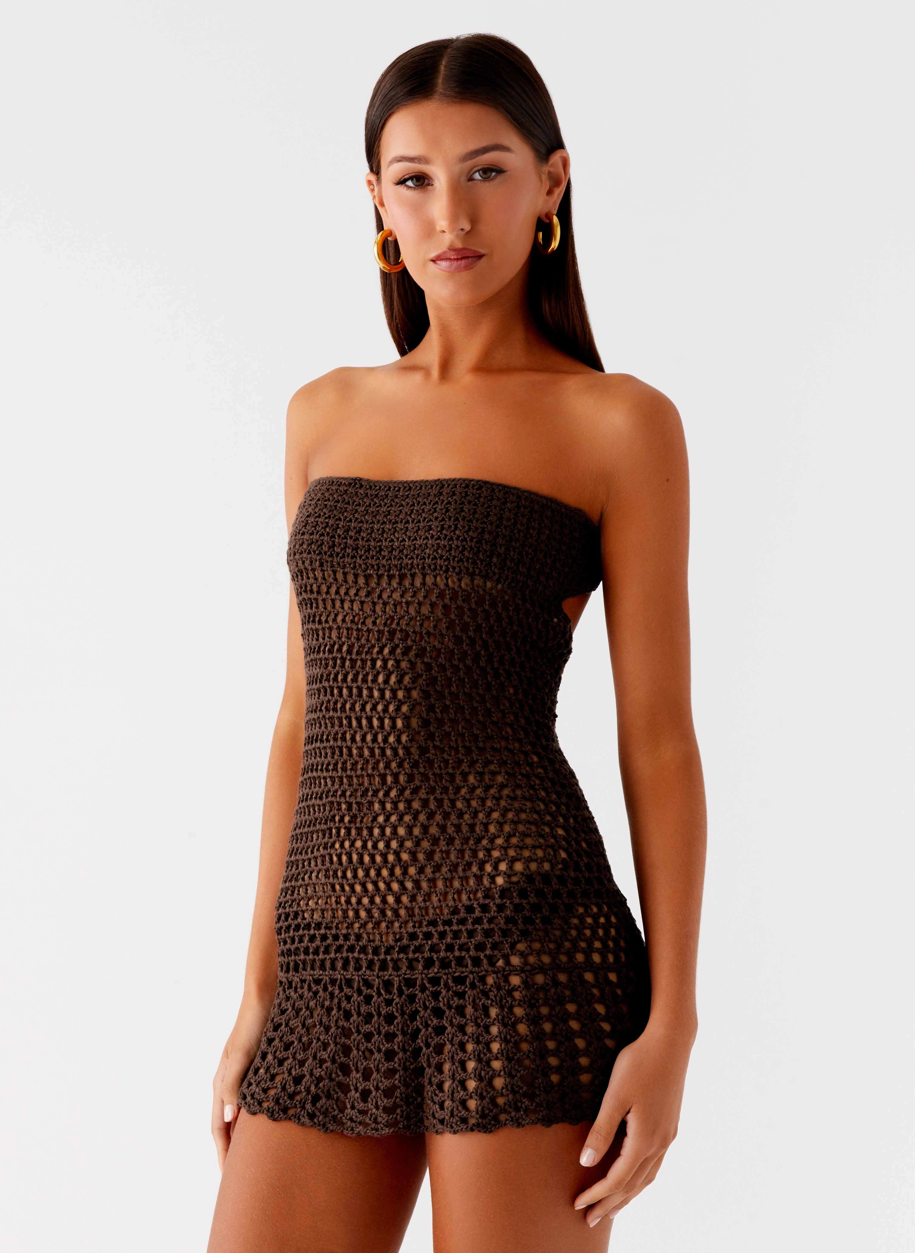Relaxed and Effortless Side-Zip Kaiane Strapless Crochet Mini Dress - Chocolate