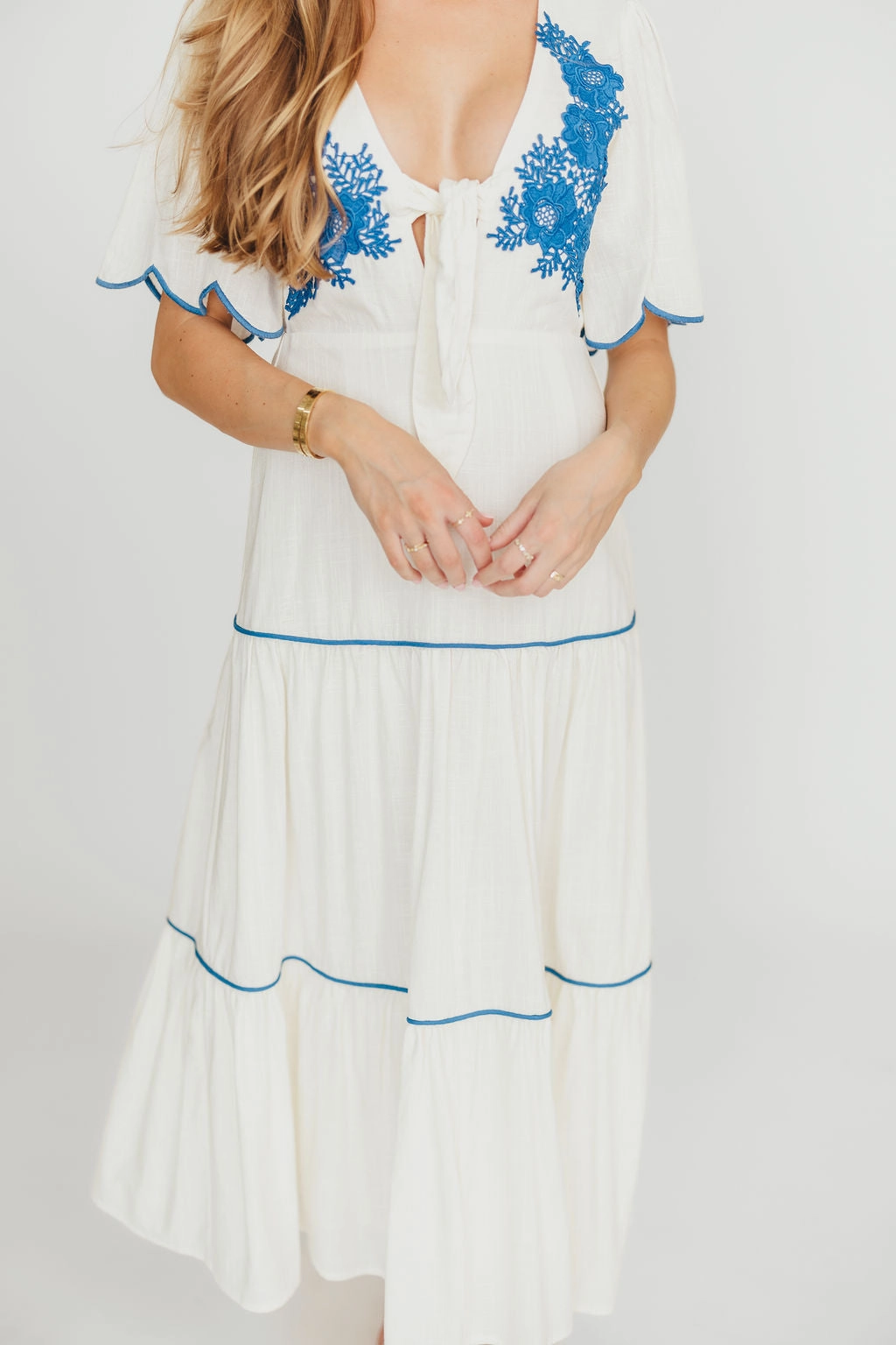 Lena Embroidered Tiered Midi Dress in Off-White/Blue *Final-Sale* Effortless Comfort Dreamy Touch