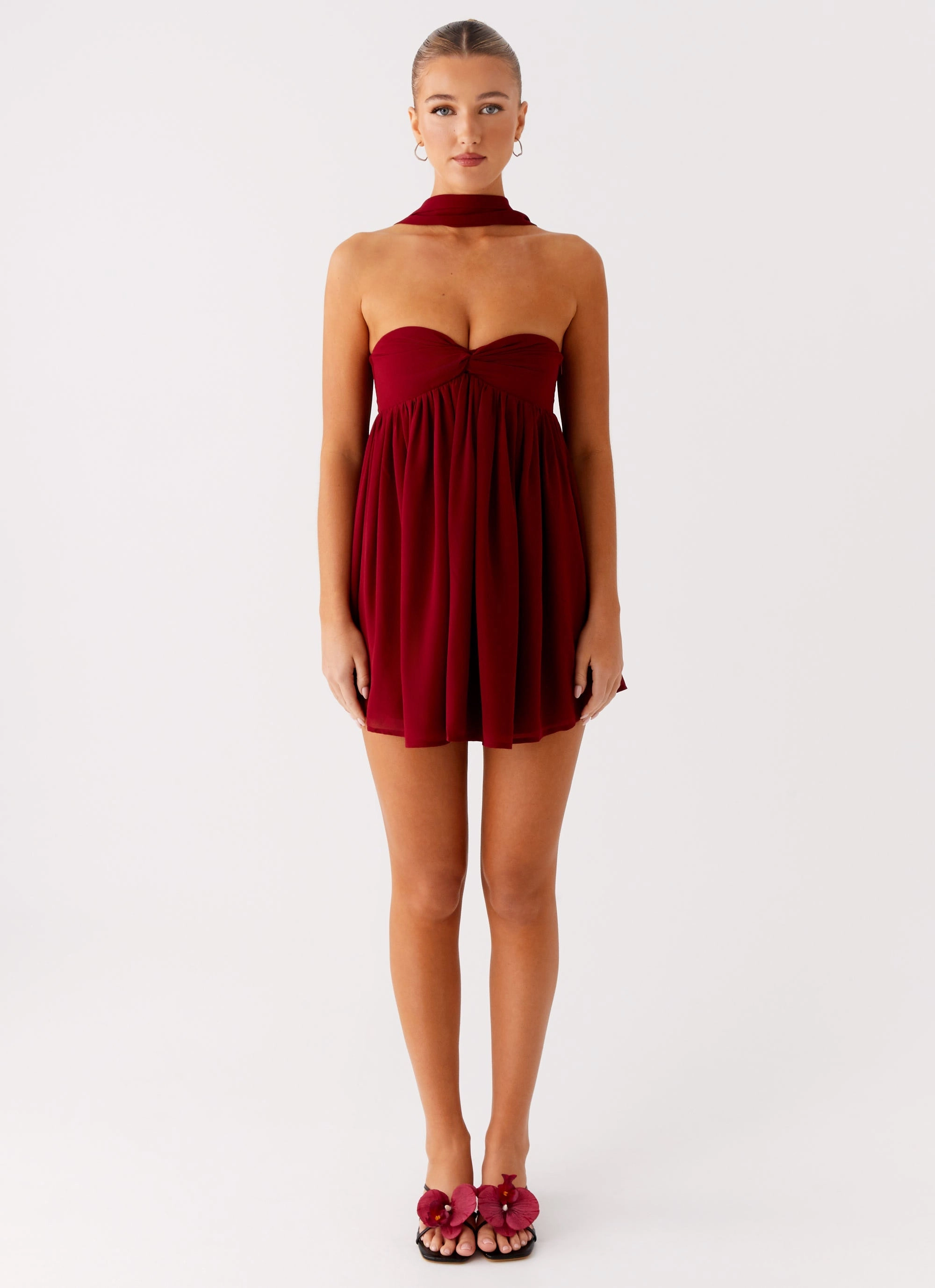 Drawstring-Waist Saturn Mini Dress - Maroon