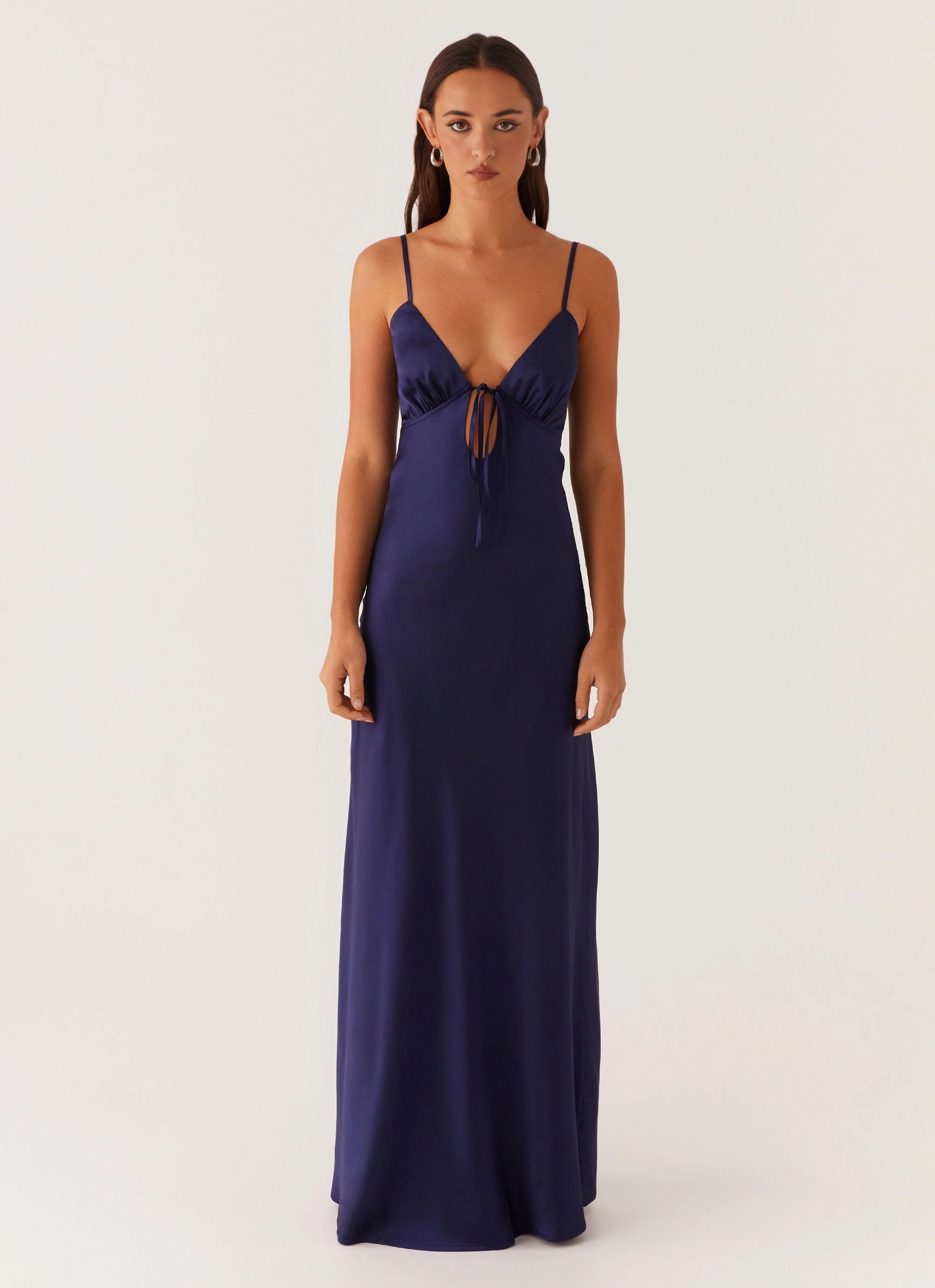 Frayed-Edge Flora Satin Maxi Dress - Navy