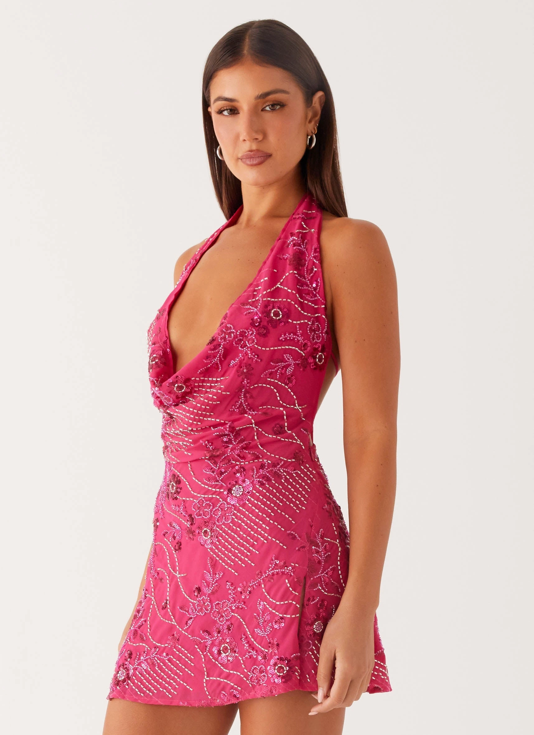 Cinzia Beaded Mini Dress - Fuchsia Asymmetric-Neck Layered Volume