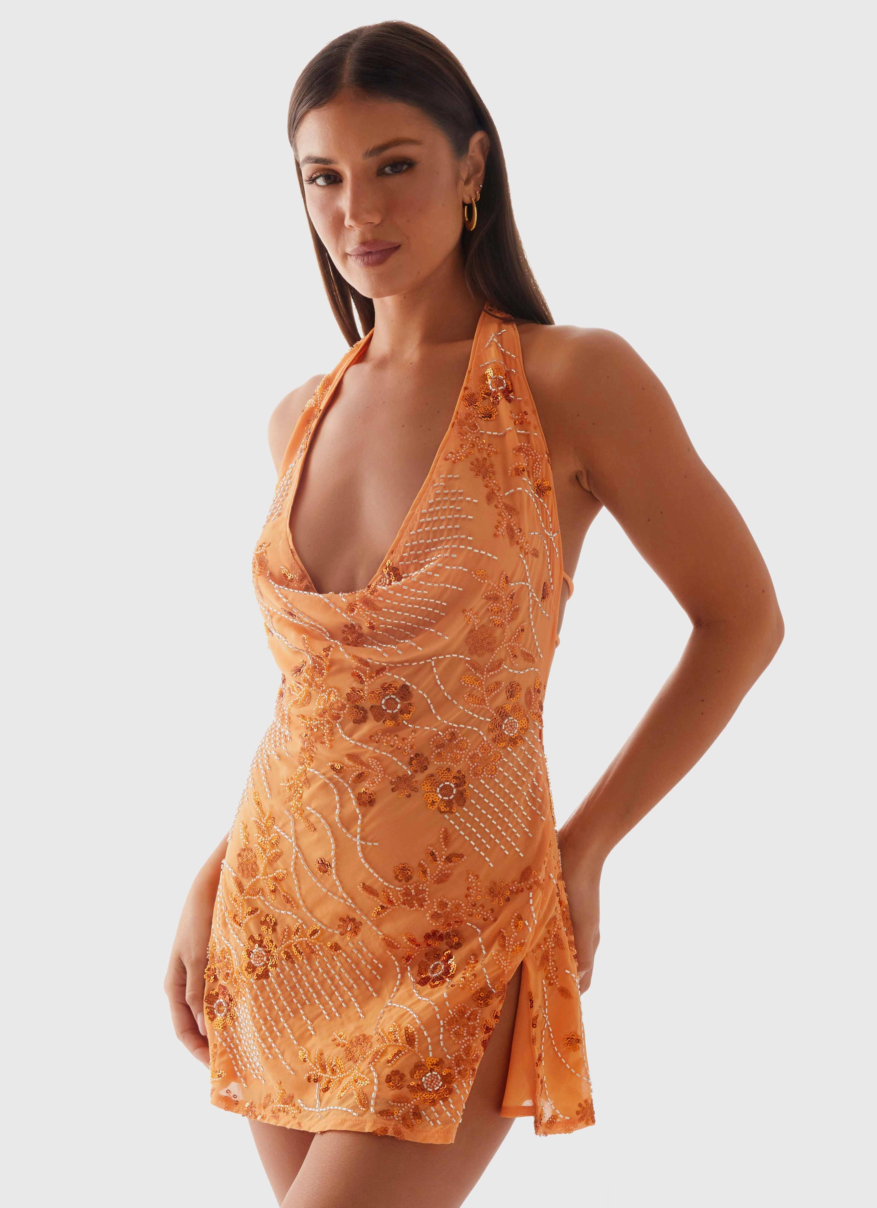 Cinzia Beaded Mini Dress - Orange Rooftop-Event Fluid movement