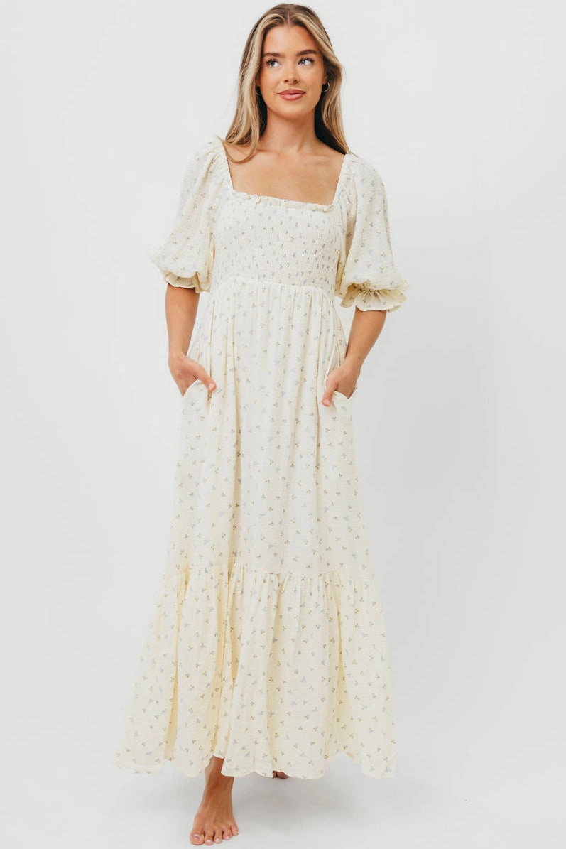 Livvy 100% Cotton Maxi Dress in Petite Blue Floral -Bump Friendly & Inclusive Sizing Relaxed-fit gown Breath Soft