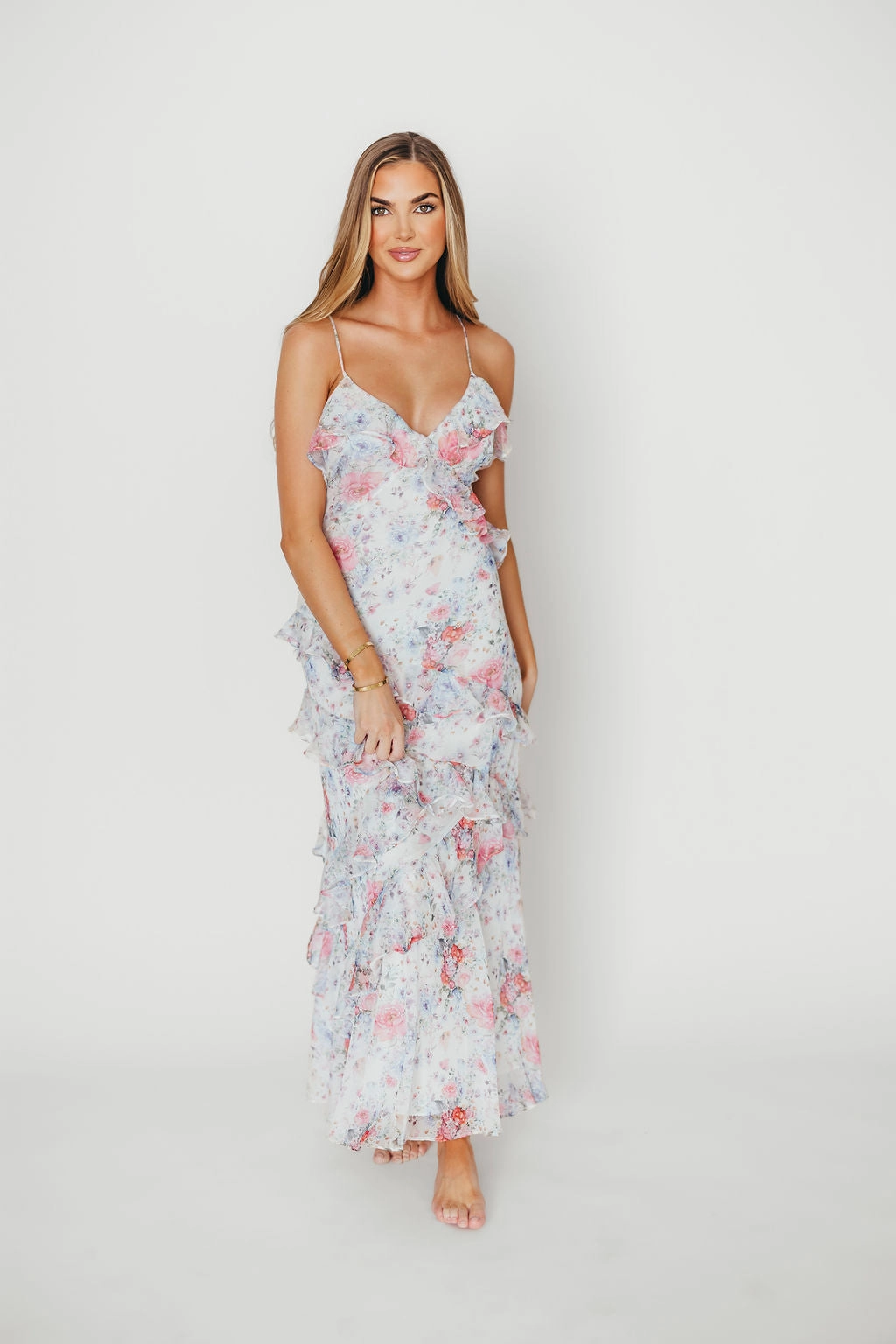 Urban Style Event Favorite Amelia Ruffle Maxi Dress in White/Multi Floral
