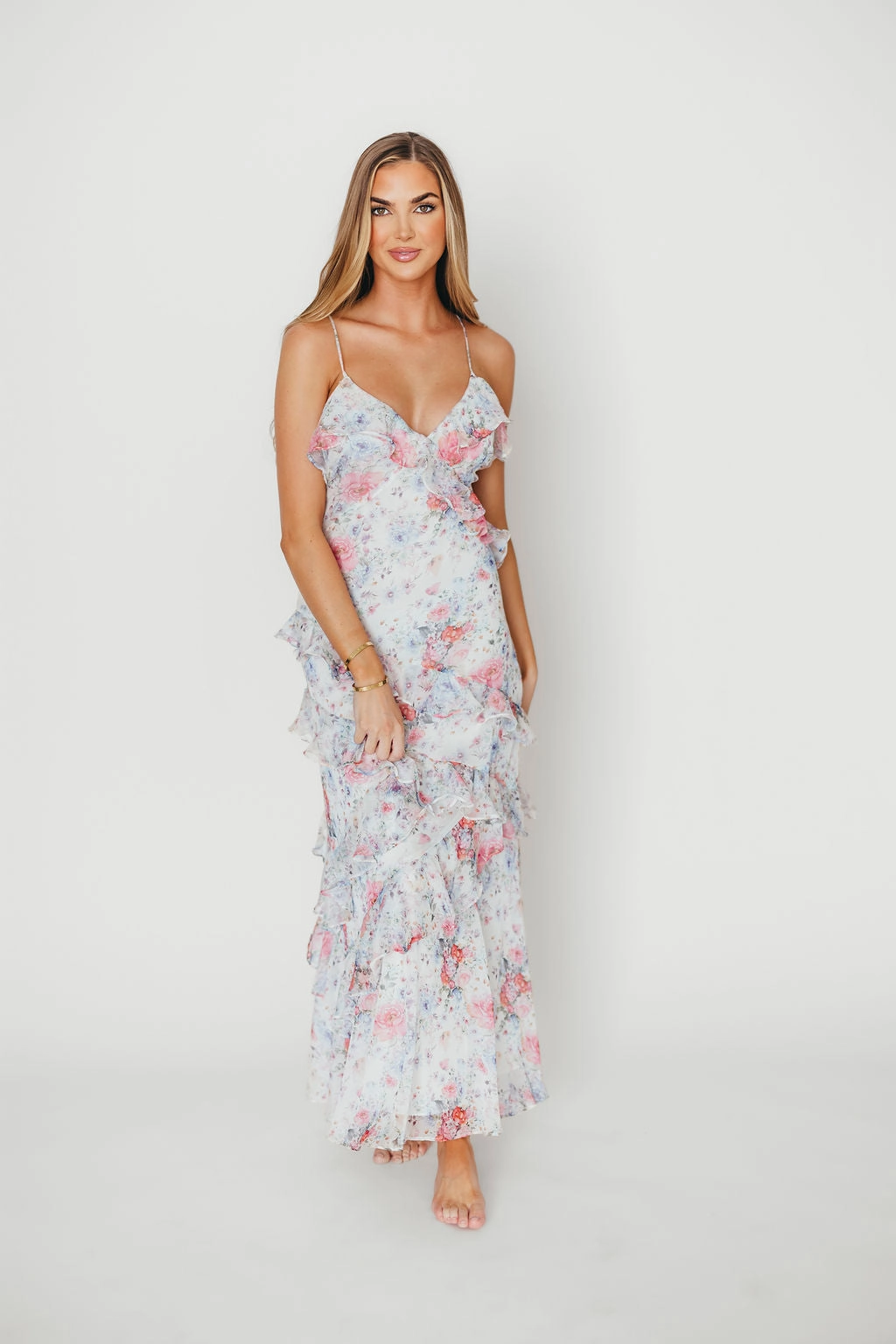 Amelia Ruffle Maxi Dress in White/Multi Floral Sophisticated Design