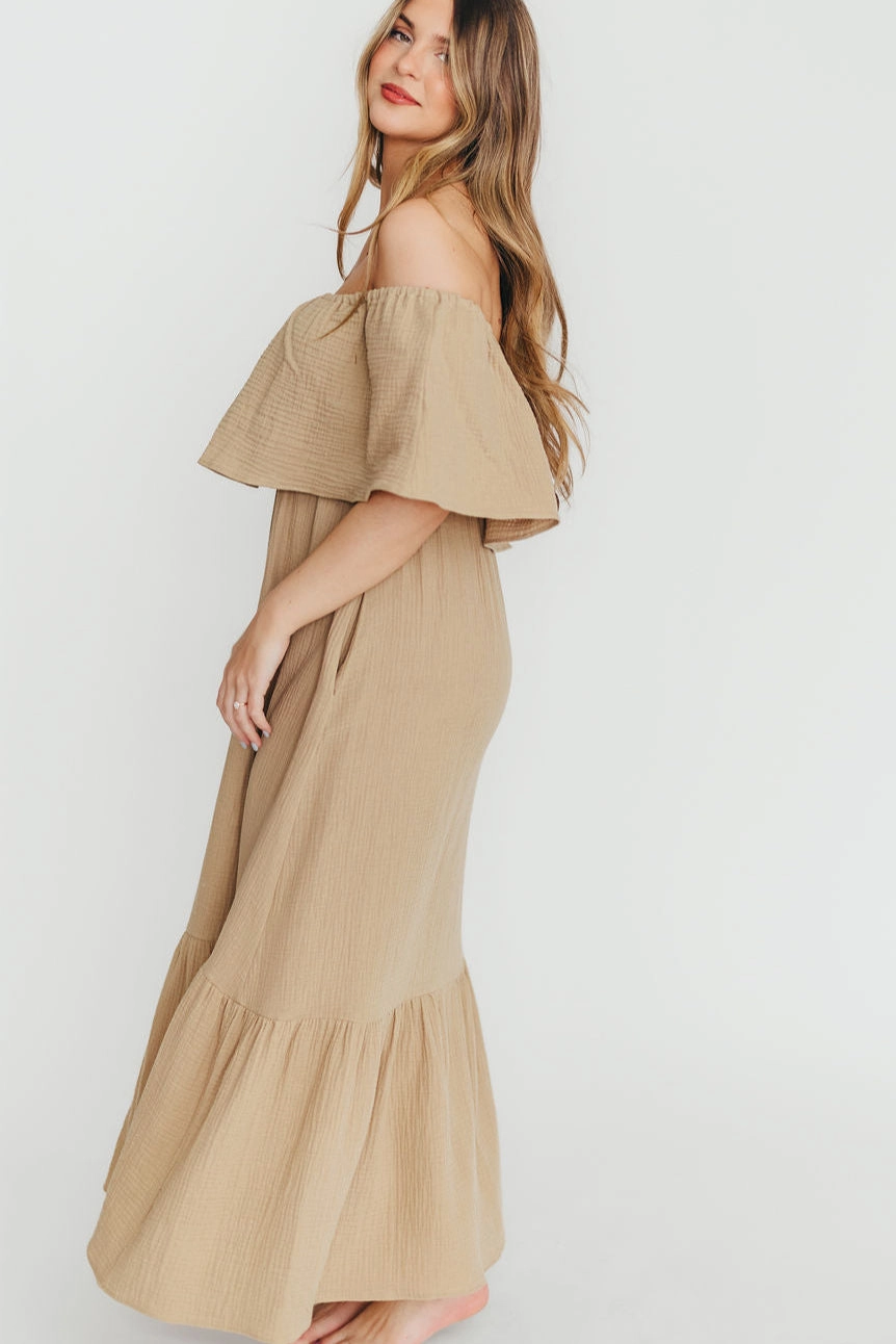 Vintage-Inspired Josie 100% Cotton Maxi Dress in Khaki