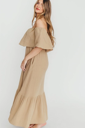 Vintage-Inspired Josie 100% Cotton Maxi Dress in Khaki