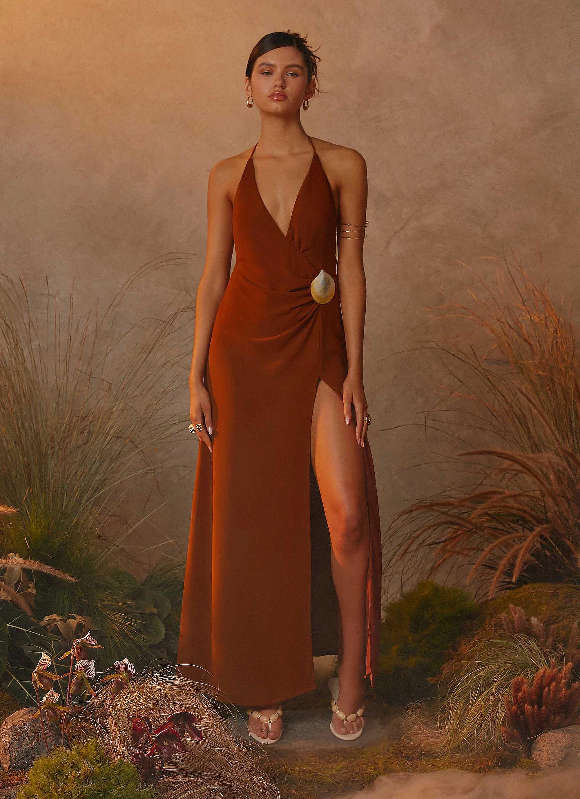 Peplum-Style Sophisticated Vibe Marjoram Maxi Dress - Chocolate