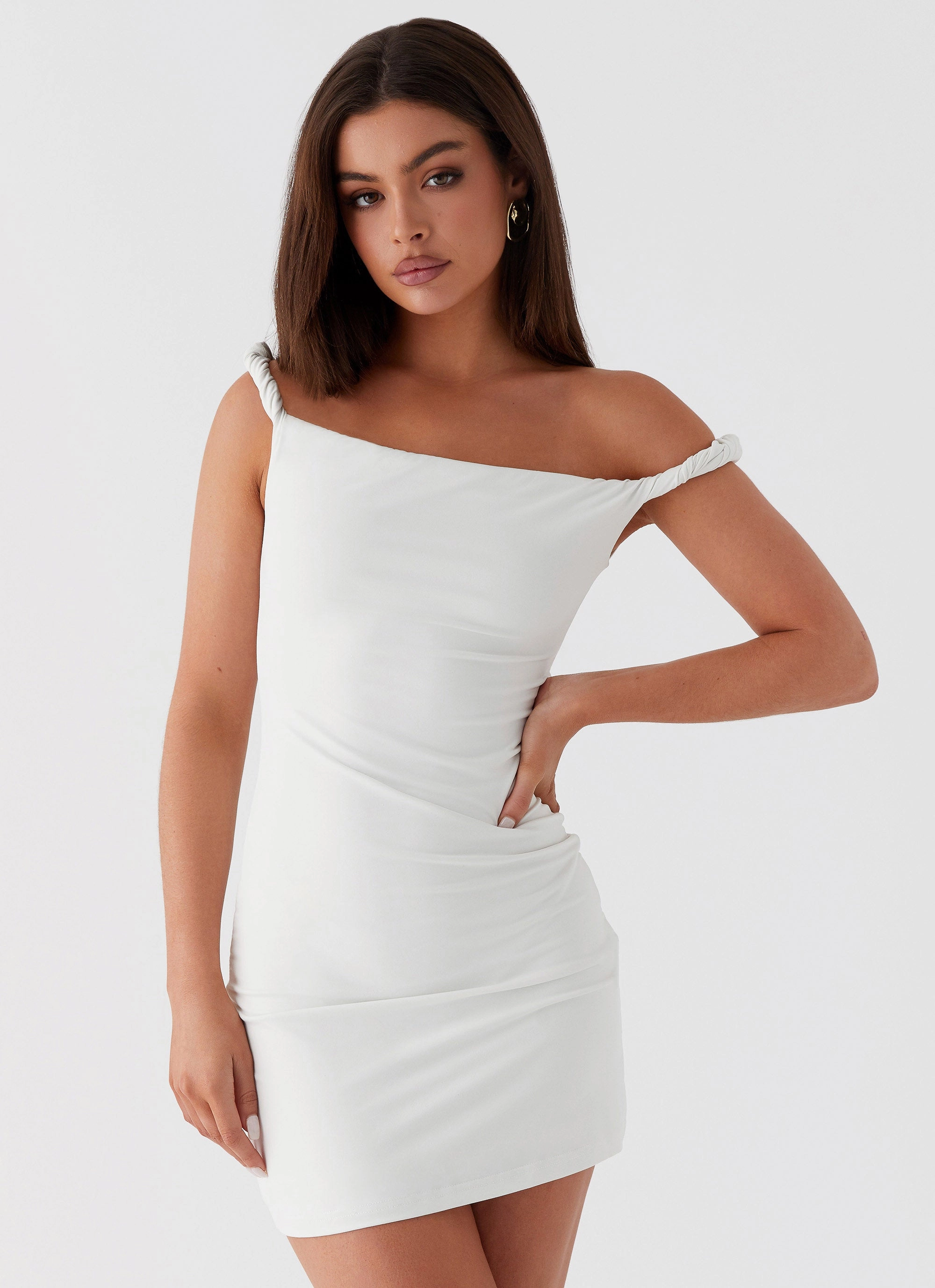 Arabella Twist Shoulder Mini Dress - Ivory Slim Form