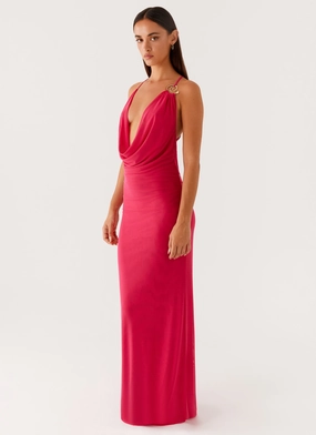Velvet-Edge Fitted Style Game Player Maxi Dress - Hot Pink